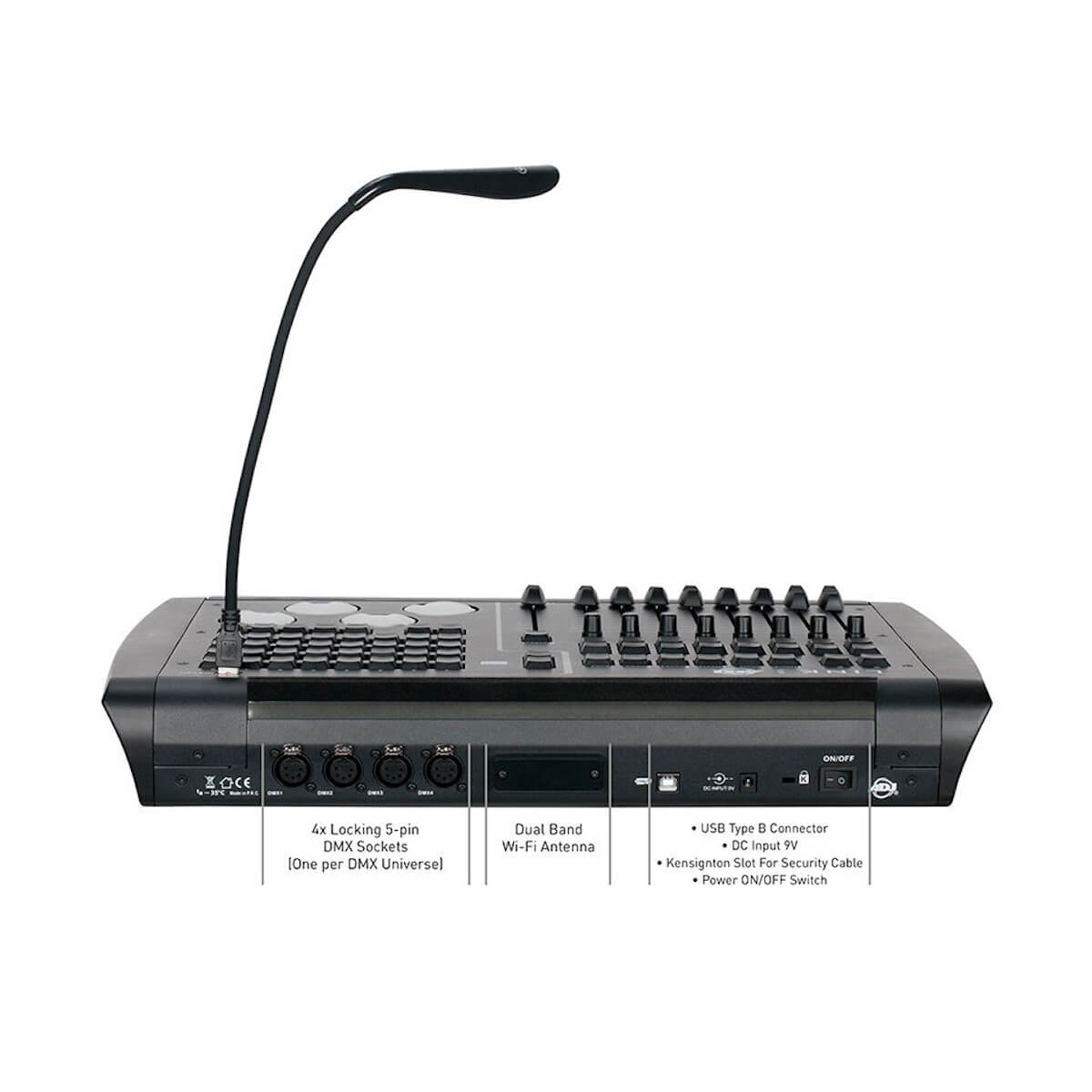ADJ LINK - 4 Universe DMX Hardware Lighting Controller, rear with callouts