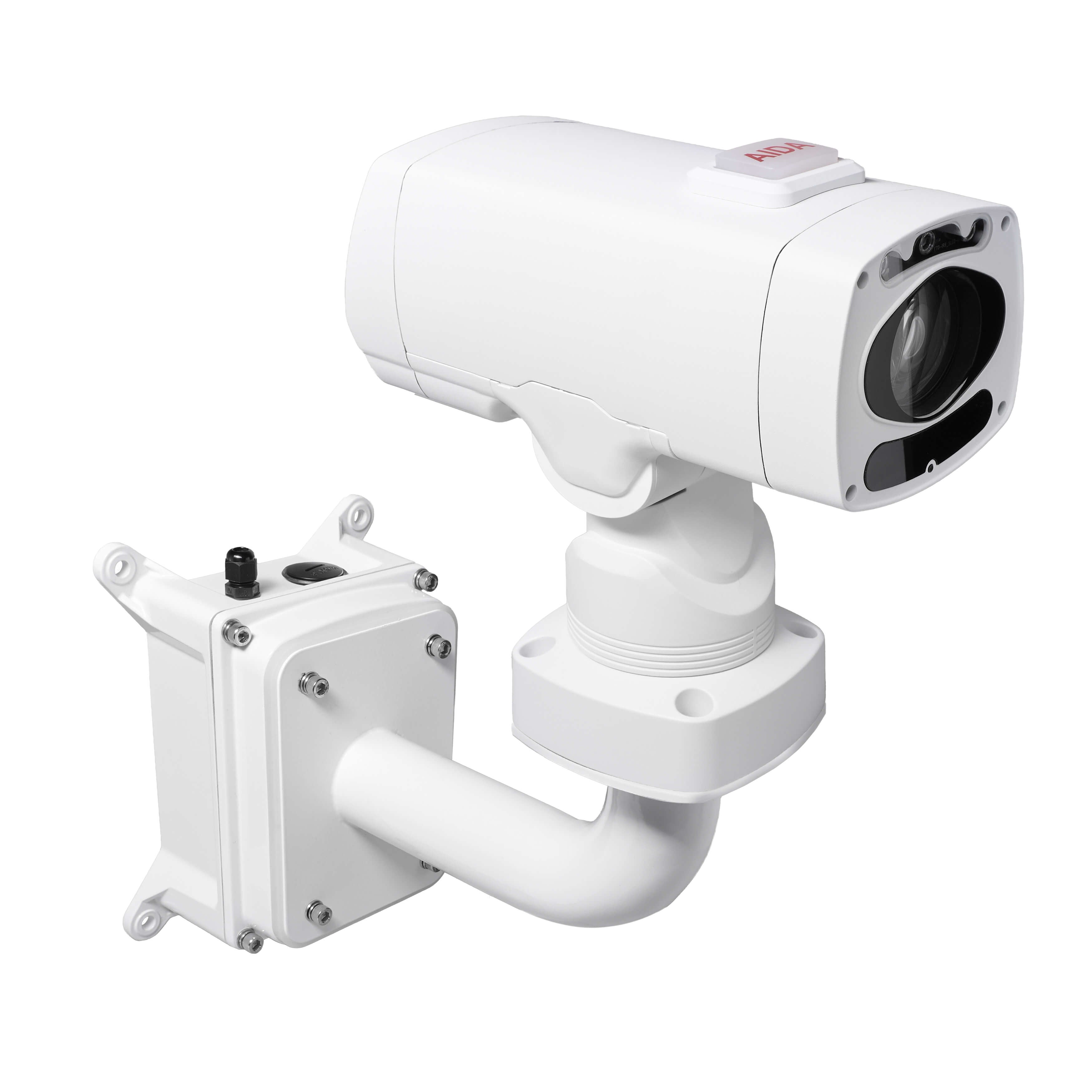 AIDA Imaging PTZ4KWP-NDI3-X30 - 4K Weatherproof PTZ Camera with NDI, optional mount and junction box shown