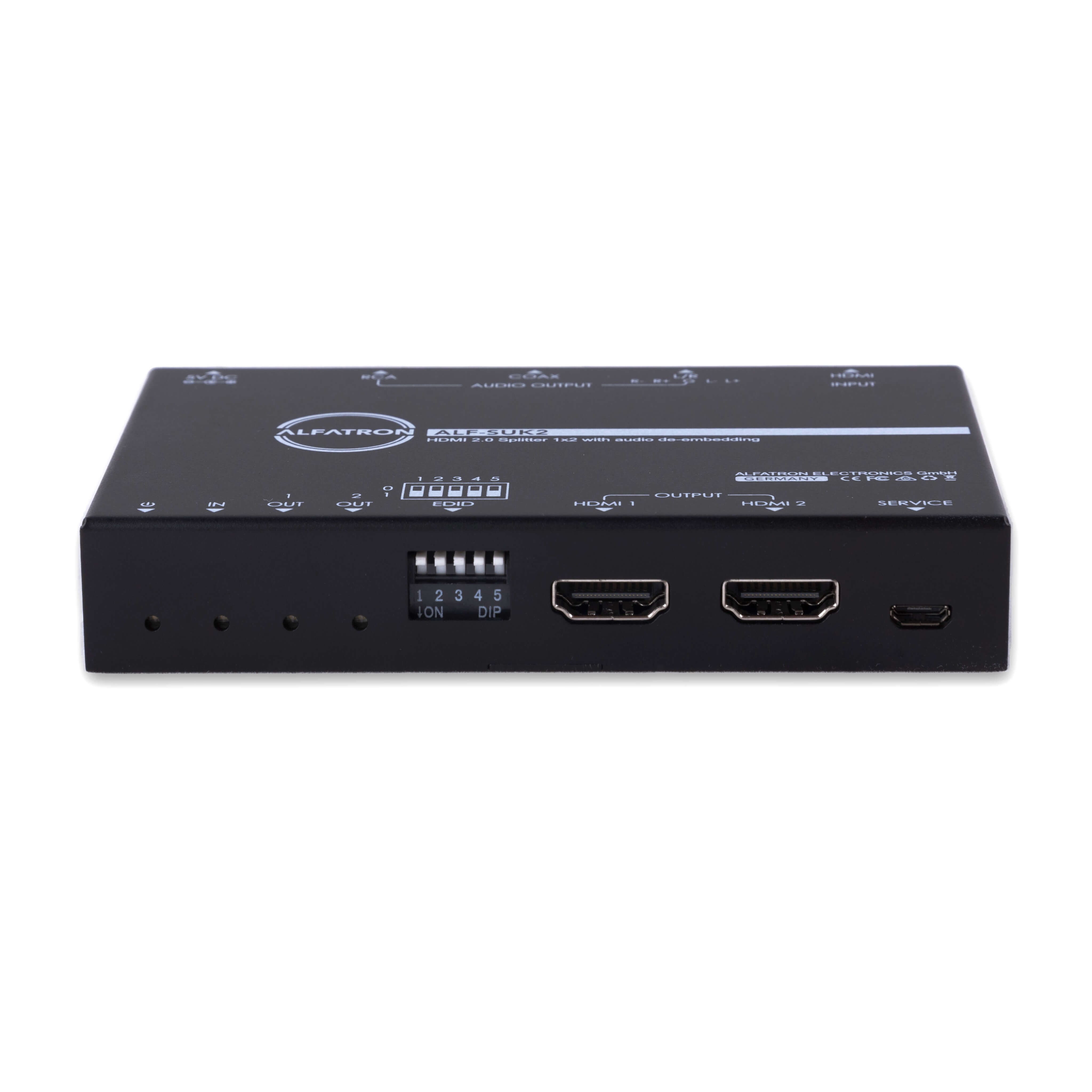 Alfatron SUK2 (Gen 2) - 1x2 4K HDMI Splitter with Audio De-Embedding, front