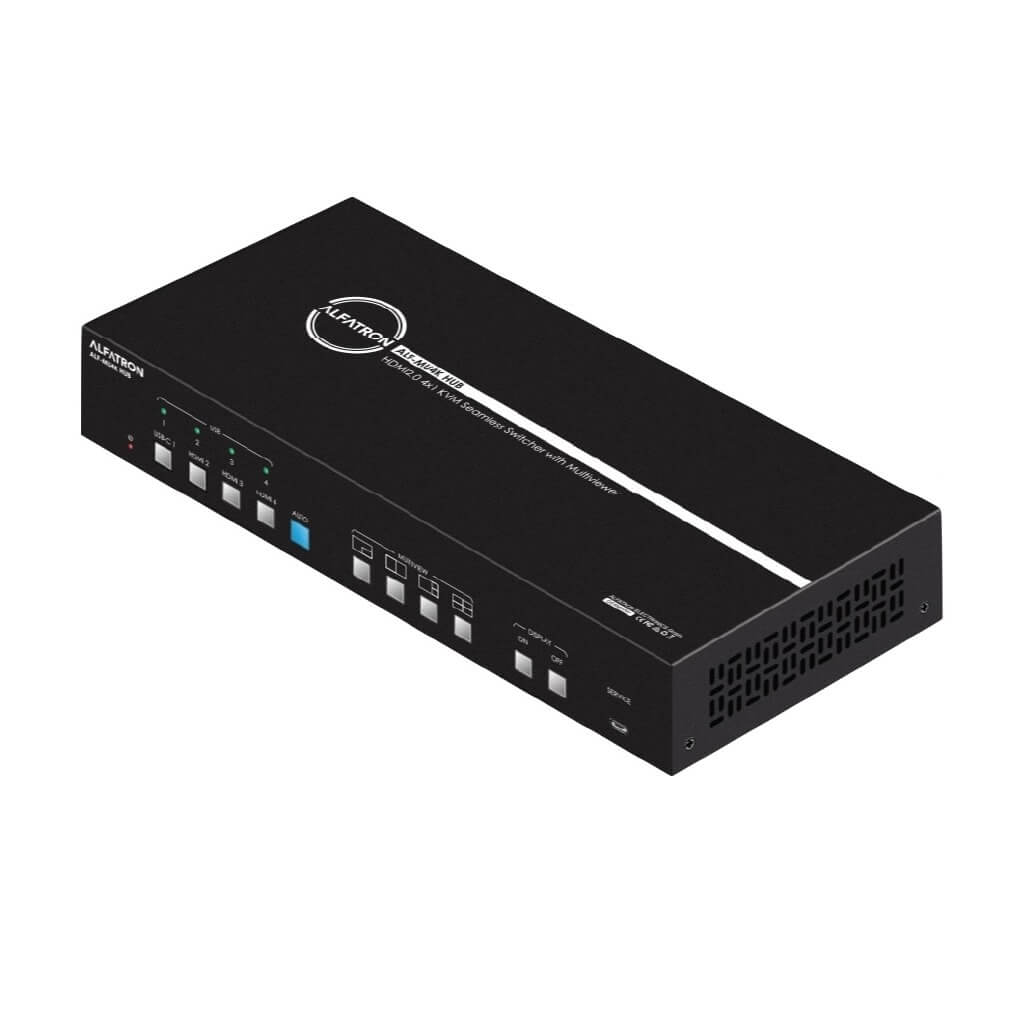 Alfatron ALF-MU4K-HUB - 4x1 4K HDMI Seamless Switcher and USB KVM Hub, angle front