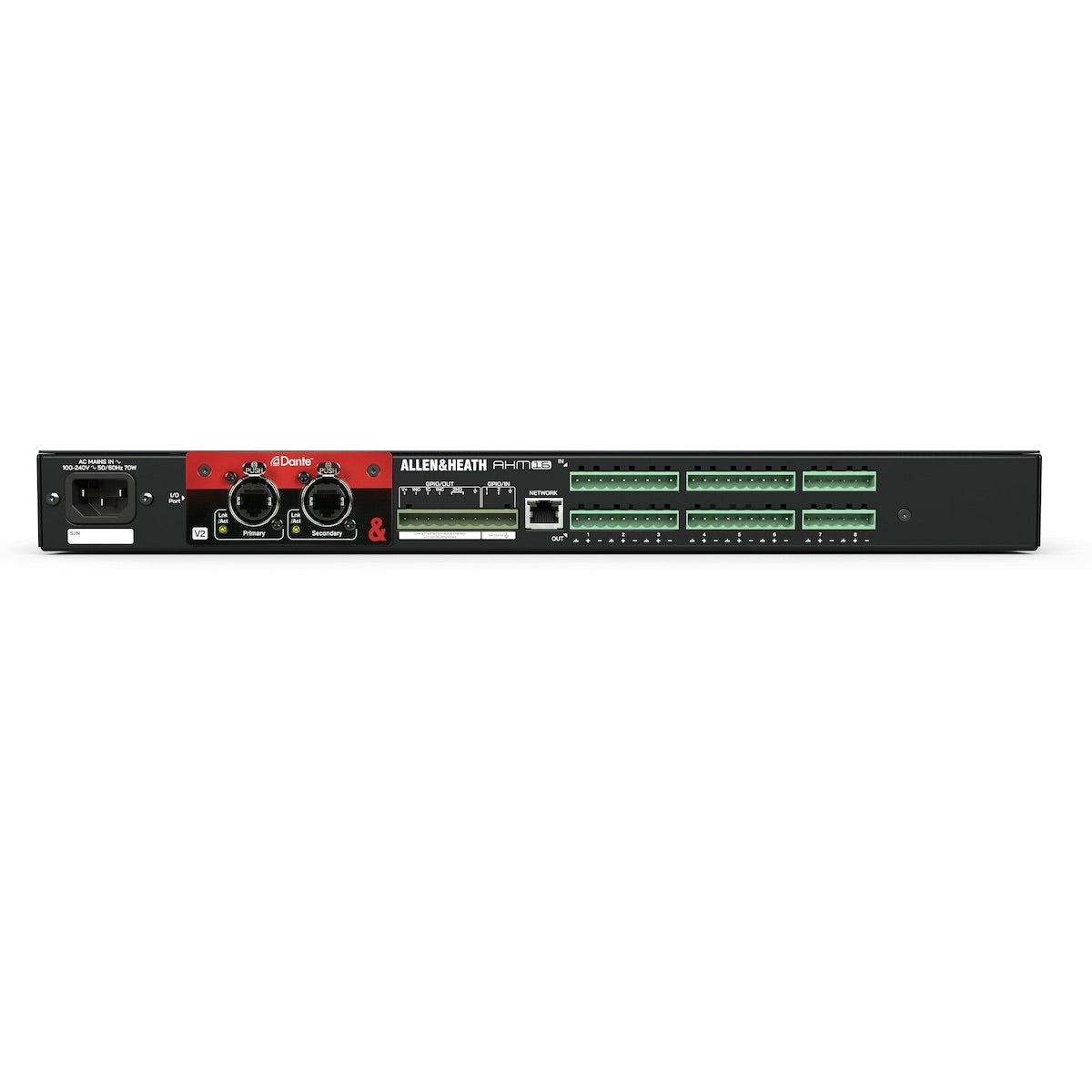 Allen & Heath AHM-16 - 16x16 Audio Matrix Processor, rear shown with optional Dante card