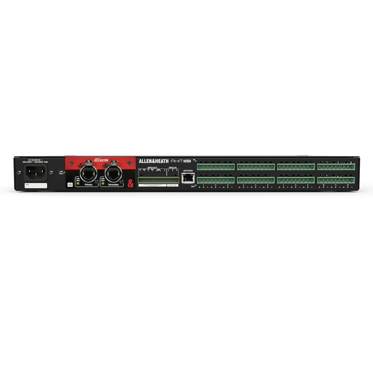 Allen & Heath AHM-32 - 32x32 Audio Matrix Processor, rear shown with optional Dante card