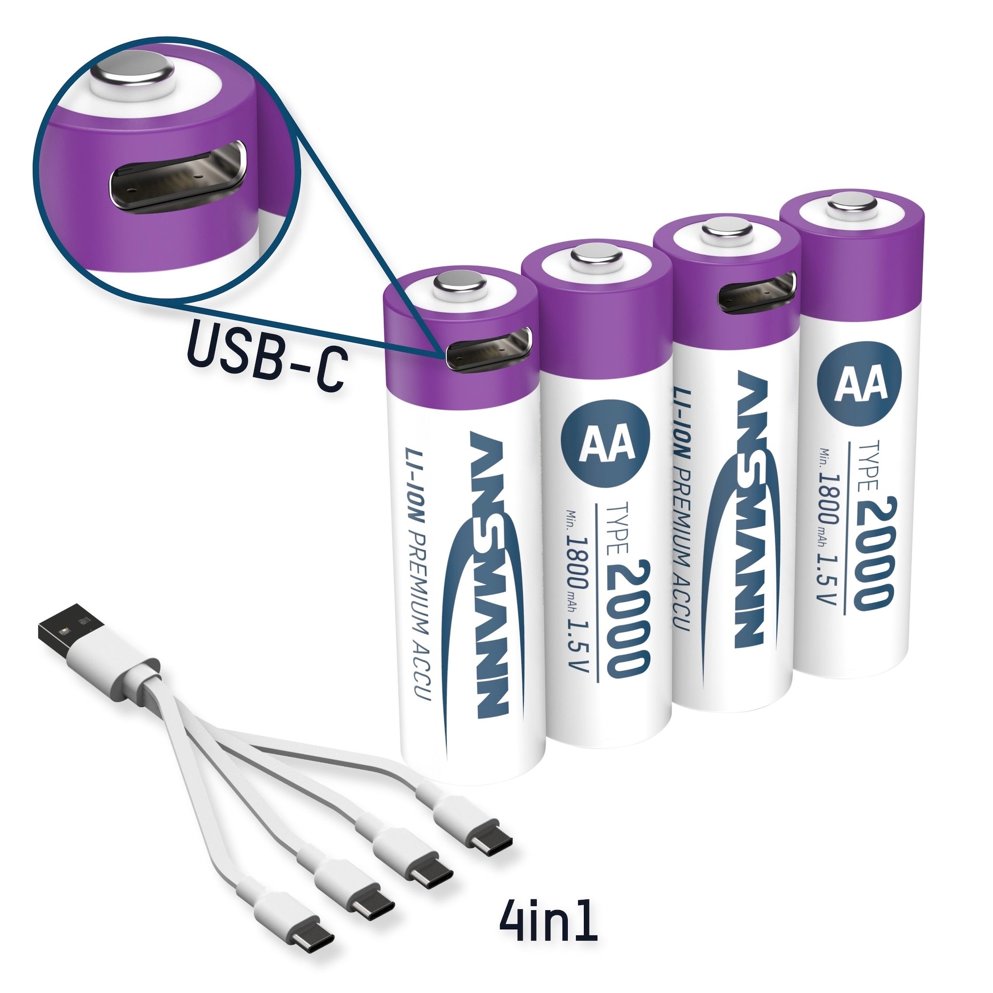 Ansmann AA 2000 mAh Lithium-Ion Rechargeable Batteries, USB-C charging cable