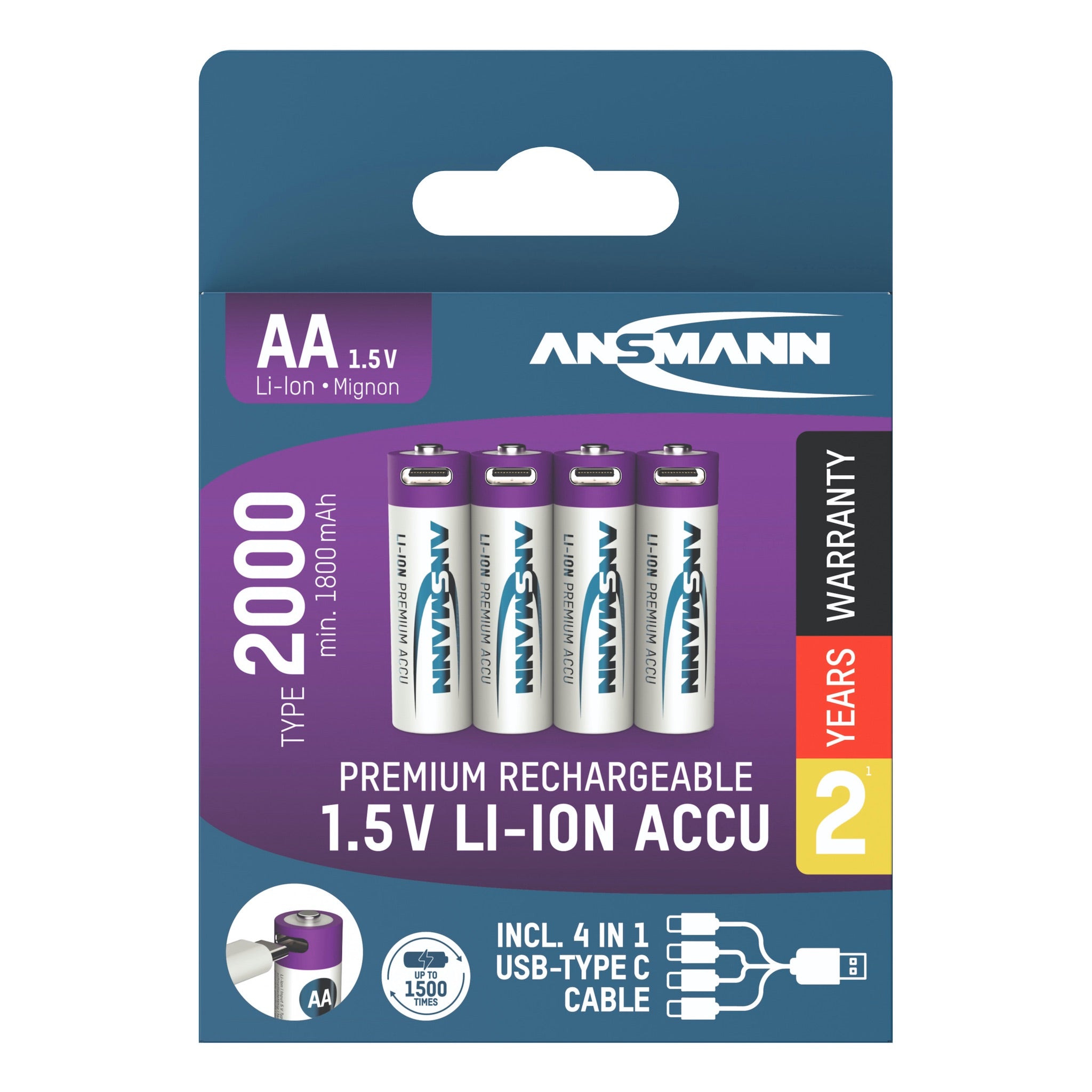 Ansmann AA 2000 mAh Lithium-Ion Rechargeable Batteries, 4-pack