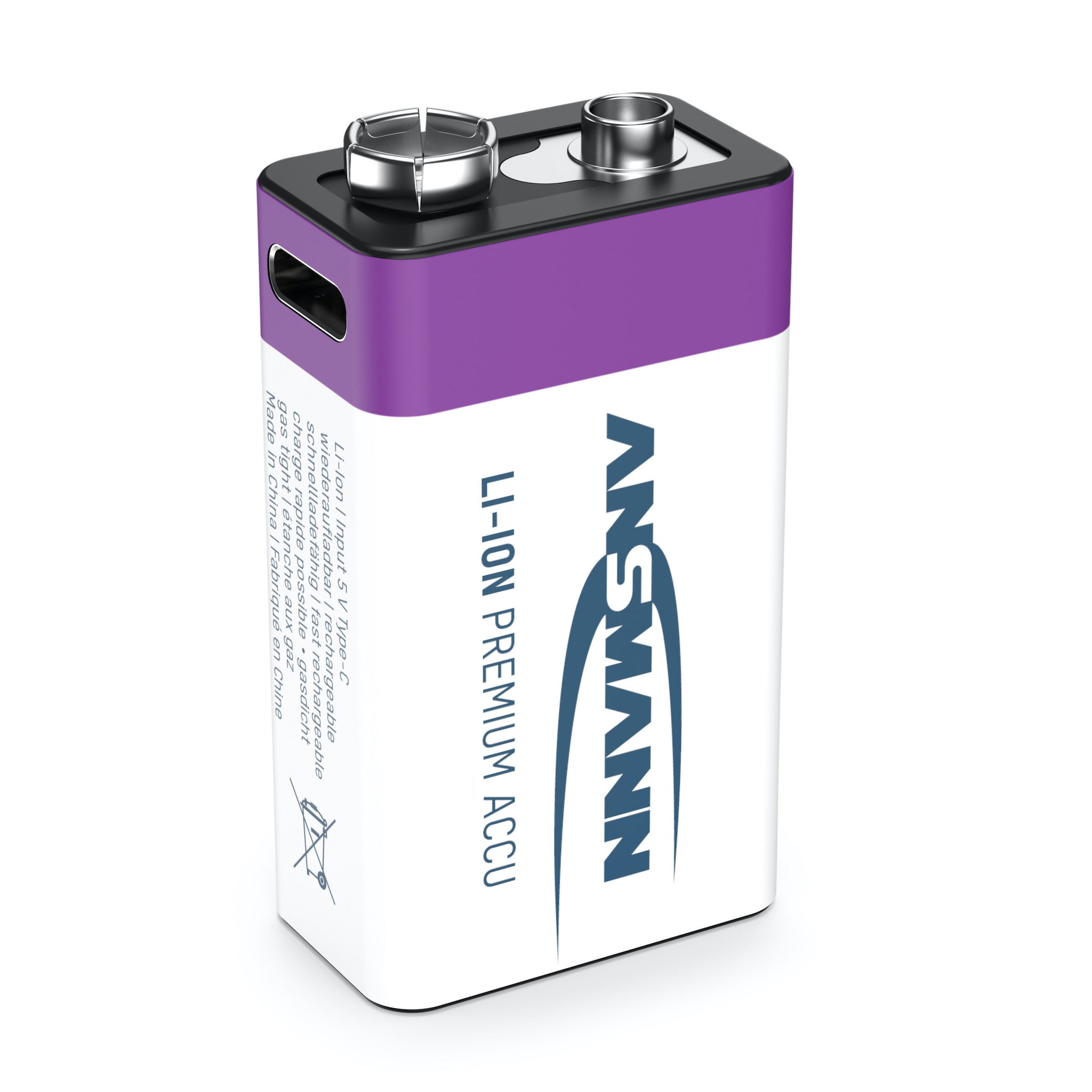 Ansmann 9V 400 mAh Lithium-Ion Rechargeable Battery, angle
