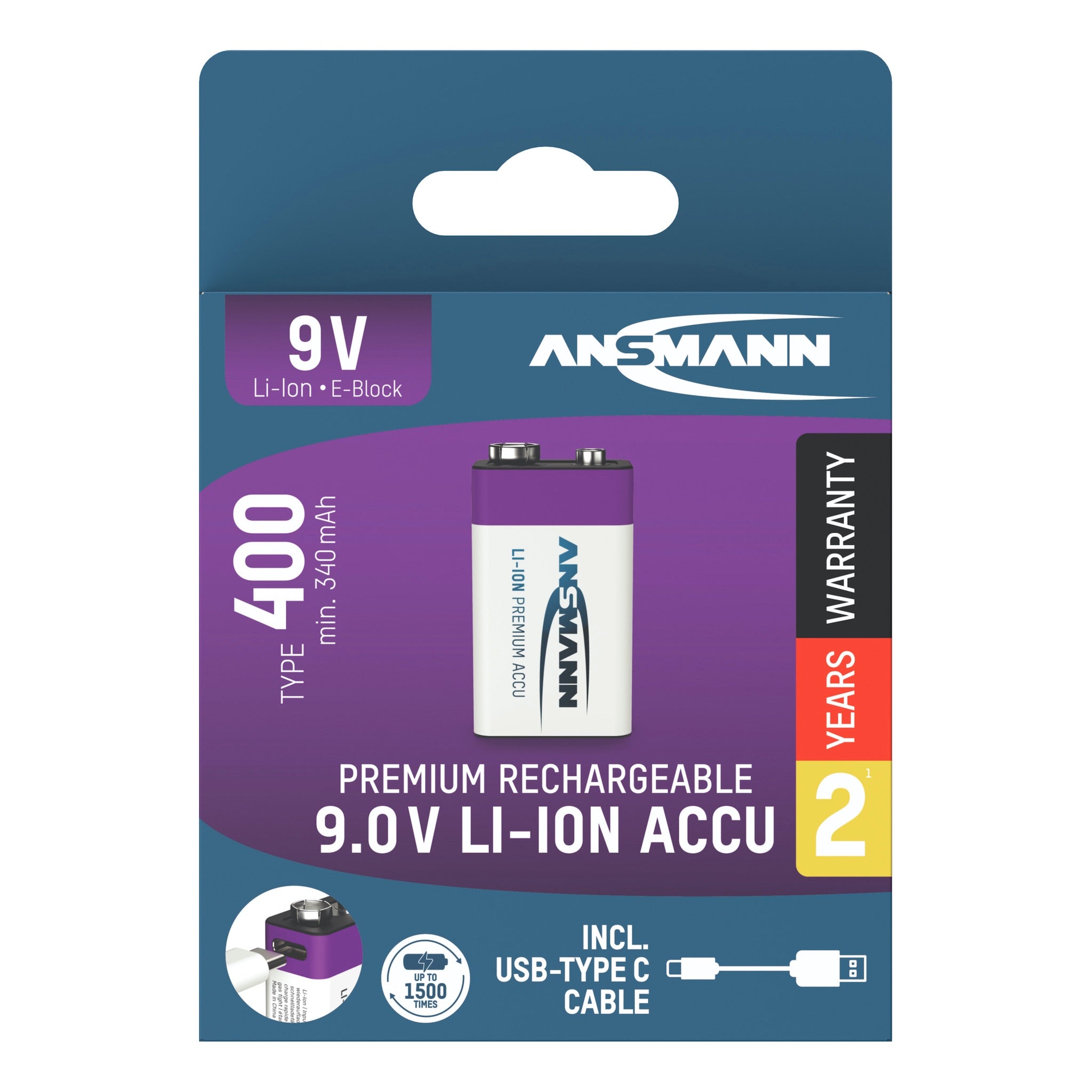 Ansmann 9V 400 mAh Lithium-Ion Rechargeable Battery, pack