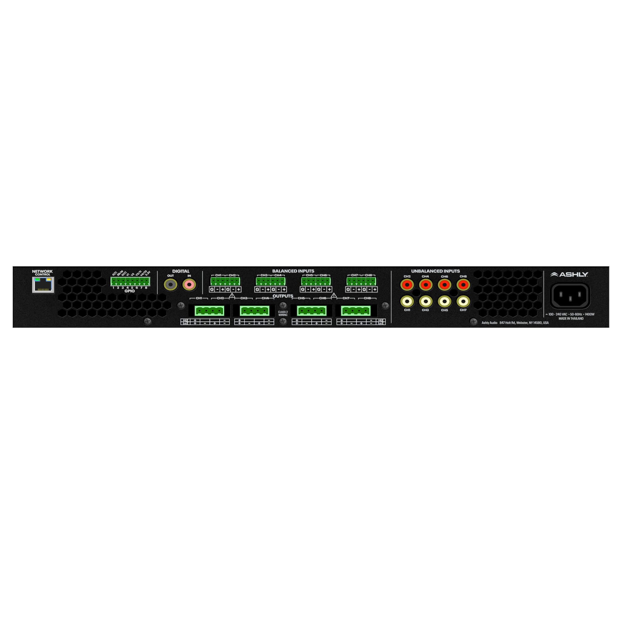 Ashly FX125.8 - 8-Ch x 125W or 70V Power Amplifier with DSP, rear