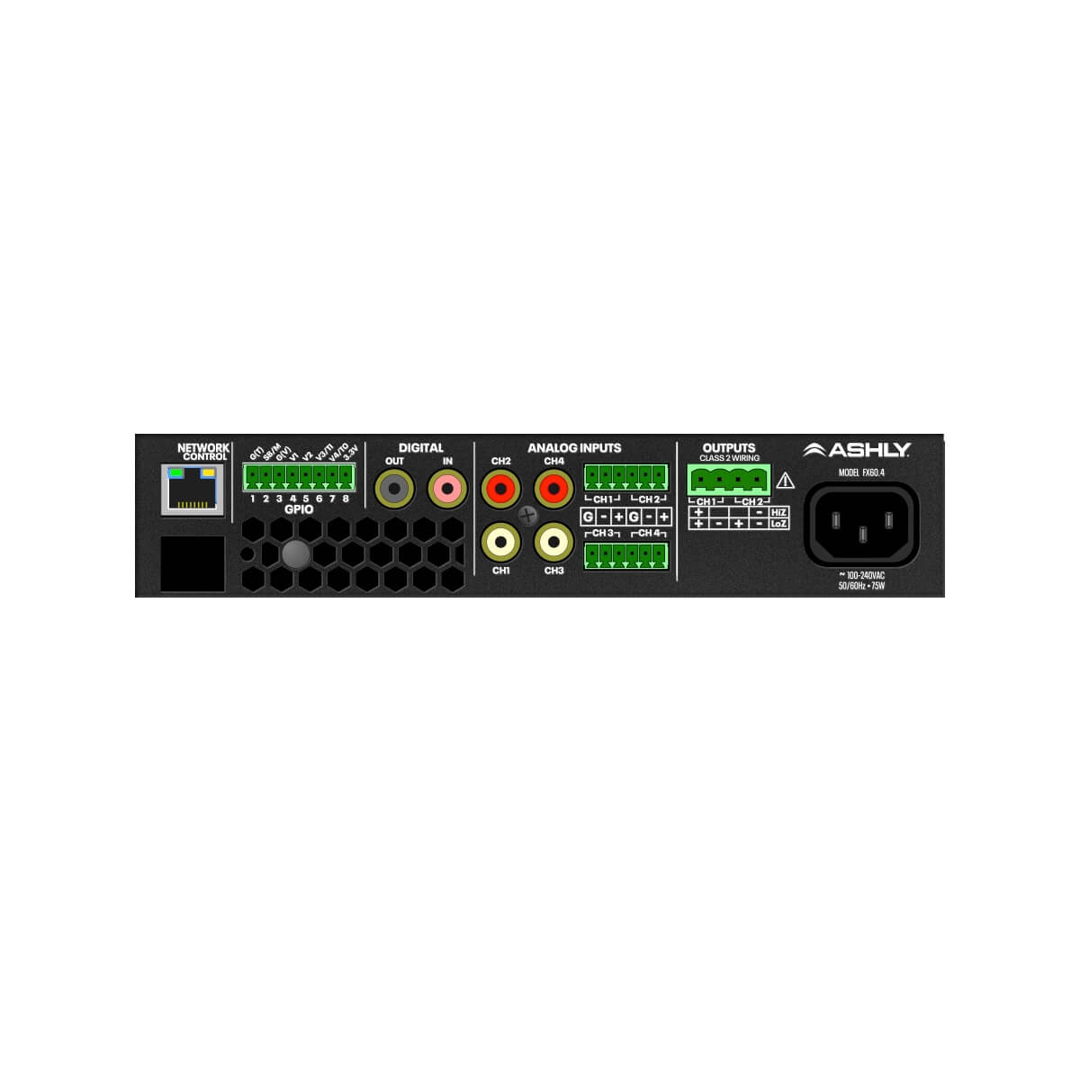 Ashly FX60.2 - 2-Ch x 60W or 70V Power Amplifier with DSP, rear
