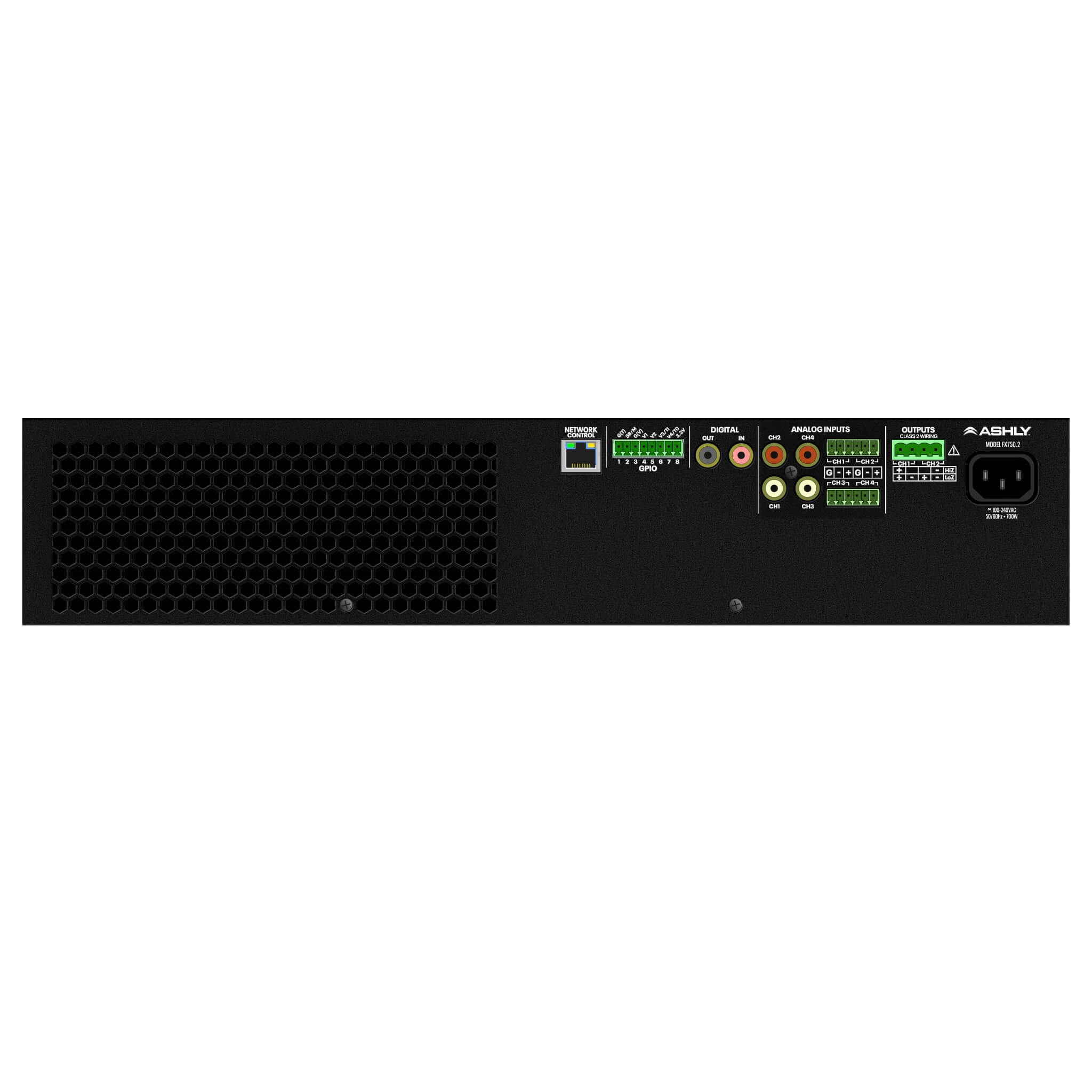 Ashly FX750.2 - 2-Ch x 750W or 70V Power Amplifier with DSP, rear