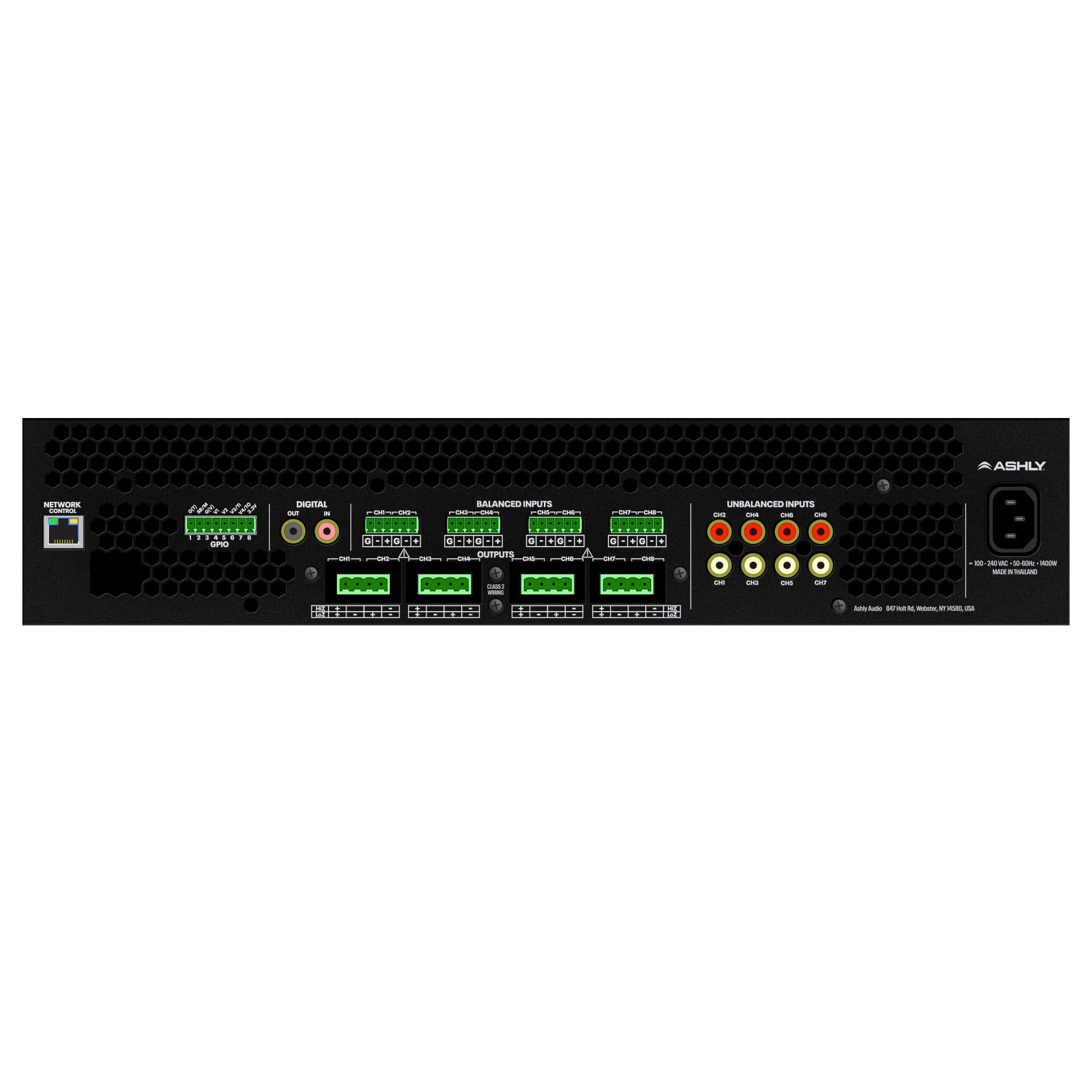 Ashly FX750.8 - 8-Ch x 750W or 70V Power Amplifier with DSP, rear
