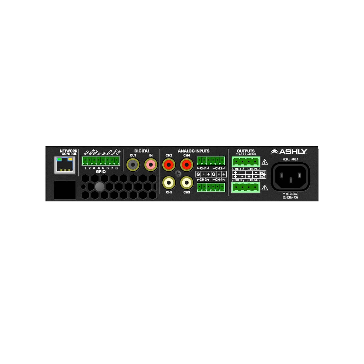 Ashly FXD125.4 - 4-Ch x 125W or 70V Power Amplifier with DSP and Dante AoIP, rear
