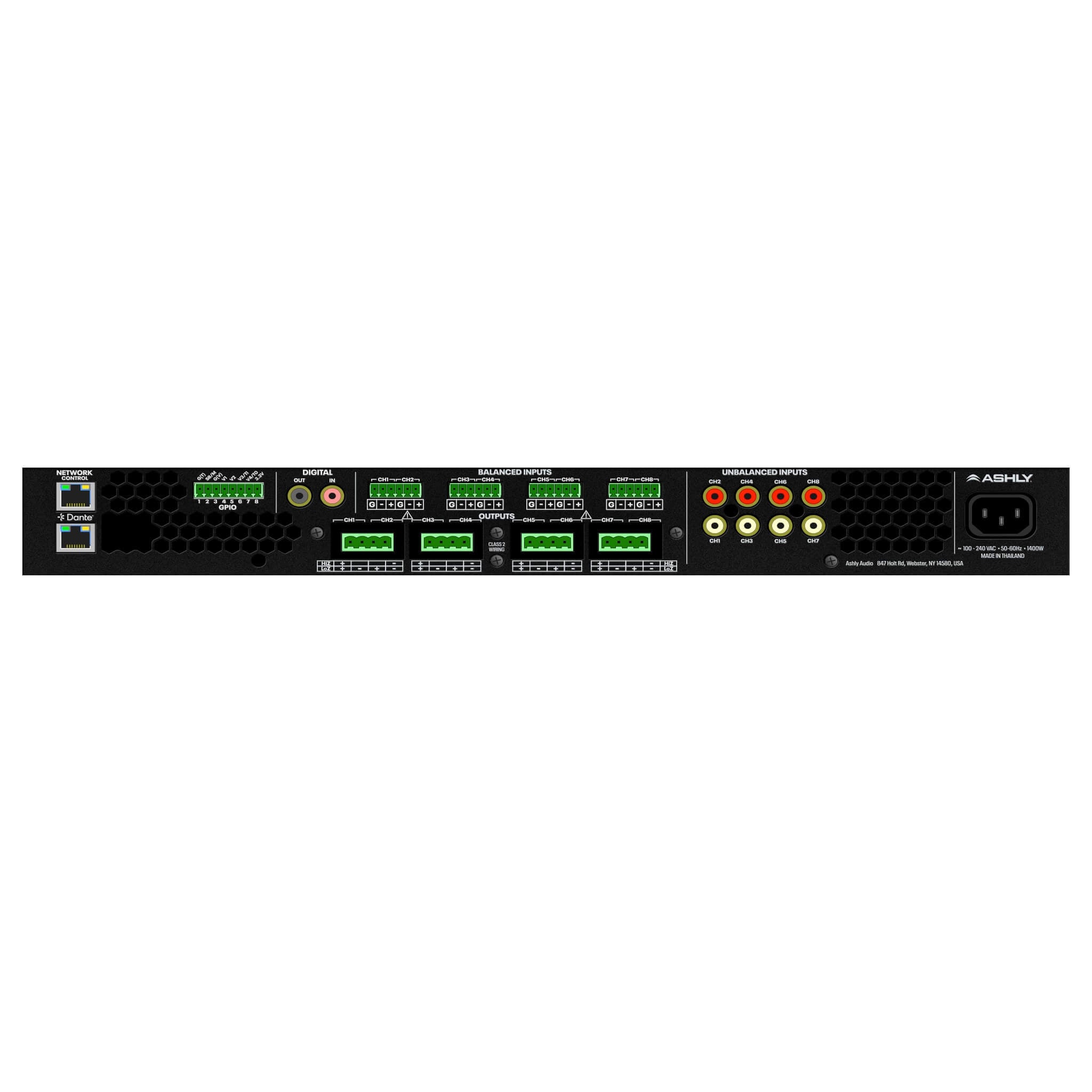 Ashly FXD125.8 - 8-Ch x 125W or 70V Power Amplifier with DSP and Dante AoIP, rear