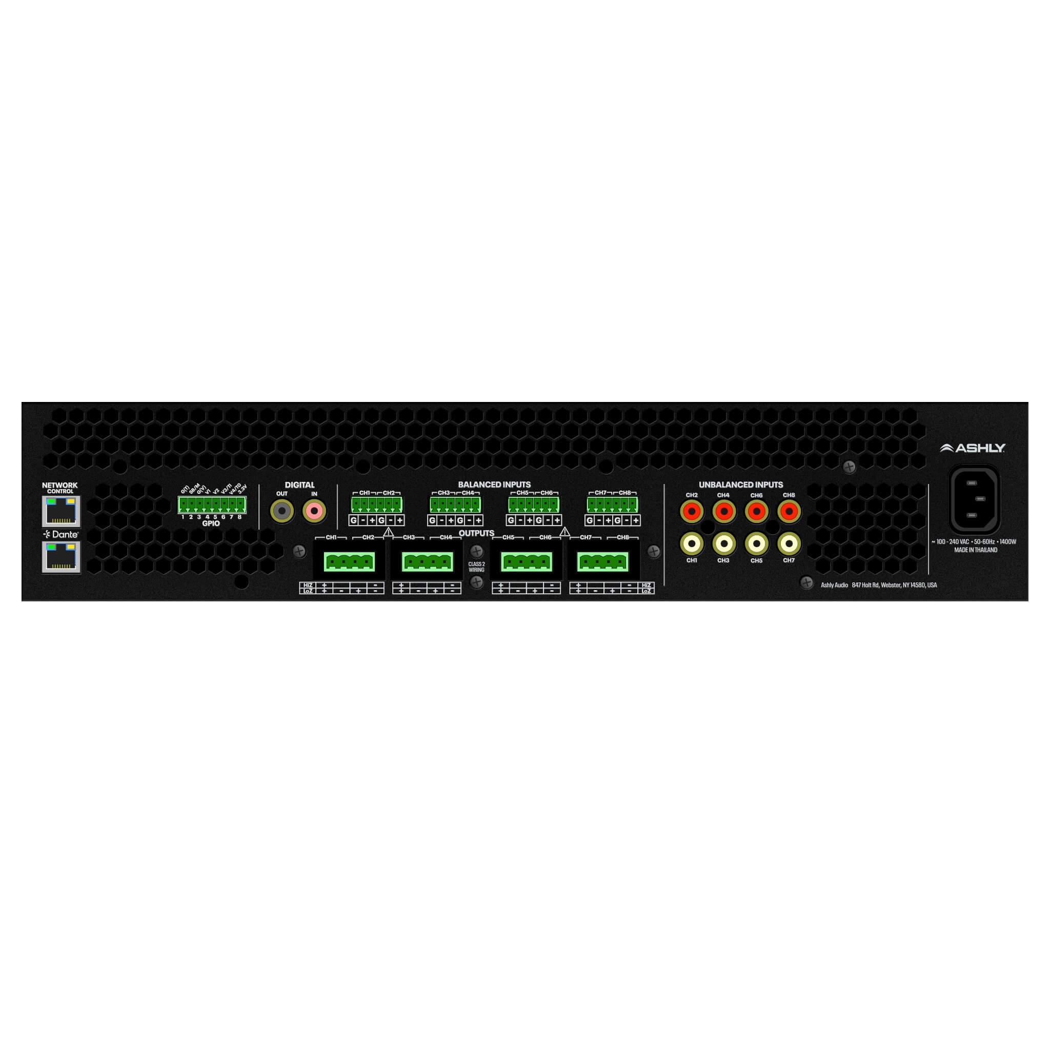 Ashly FXD500.8 - 8-Ch x 500W or 70V Power Amplifier with DSP and Dante AoIP, rear
