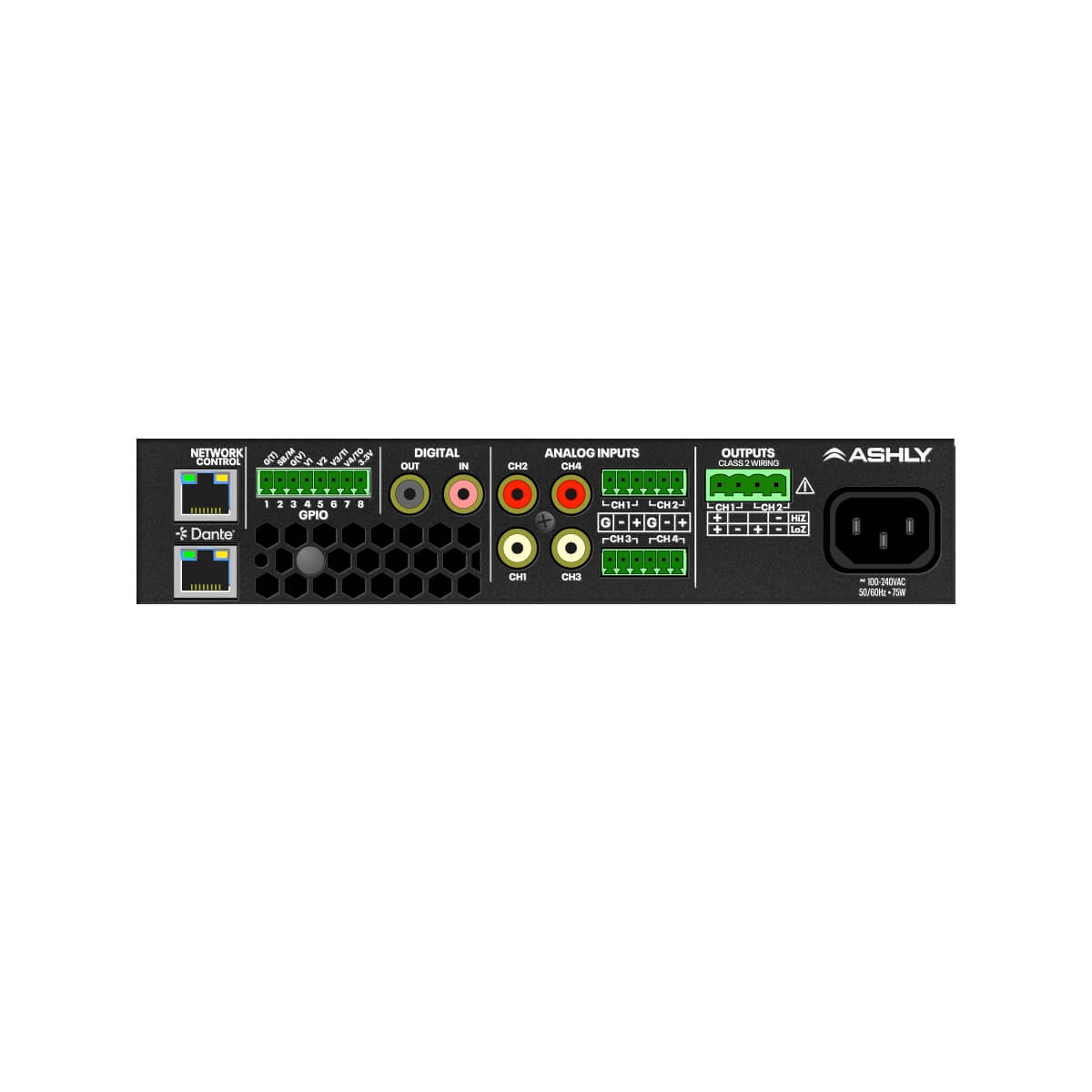 Ashly FXD60.2 - 2-Ch x 60W or 70V Power Amplifier with DSP and Dante AoIP, rear