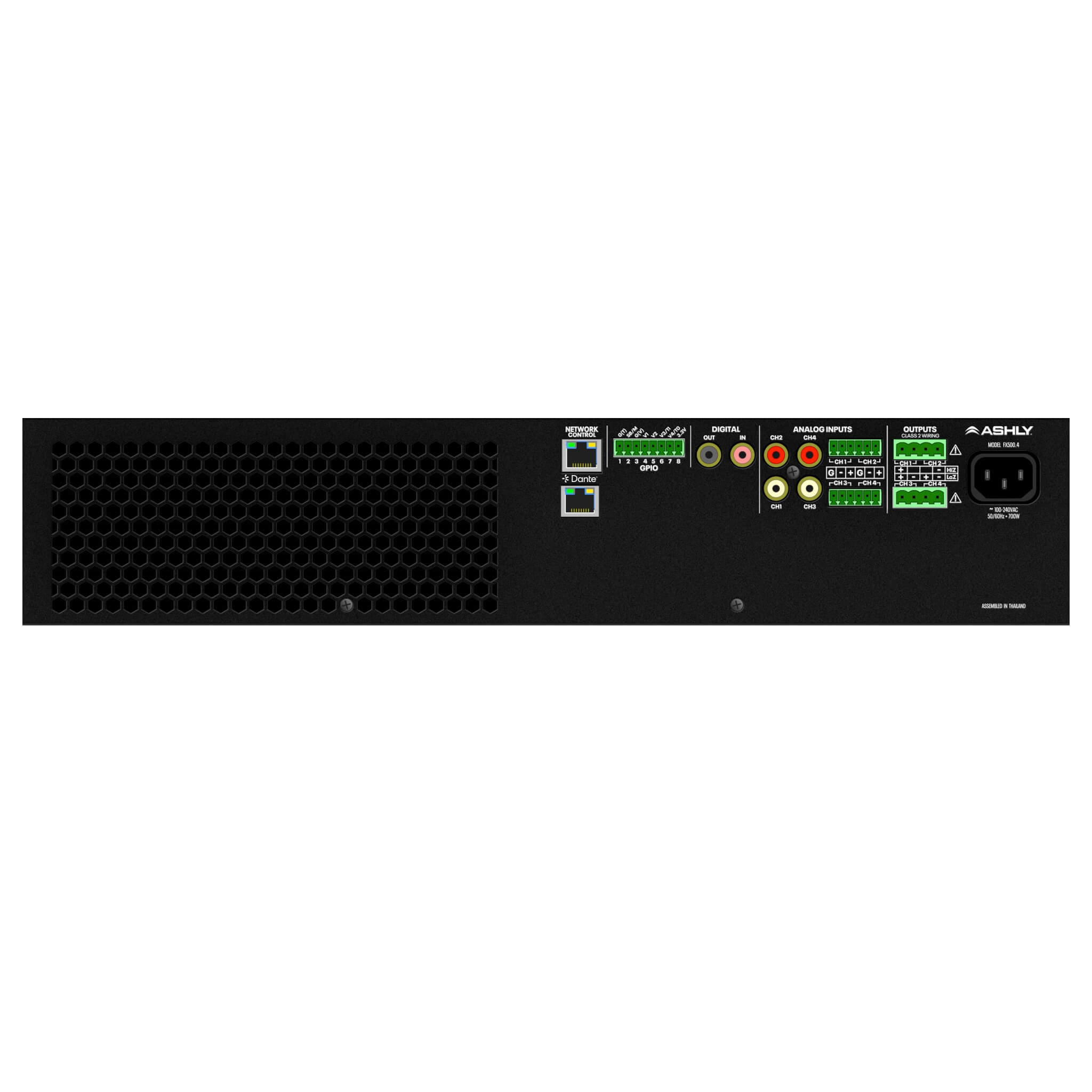 Ashly FXD750.4 - 4-Ch x 750W or 70V Power Amplifier with DSP and Dante AoIP, rear