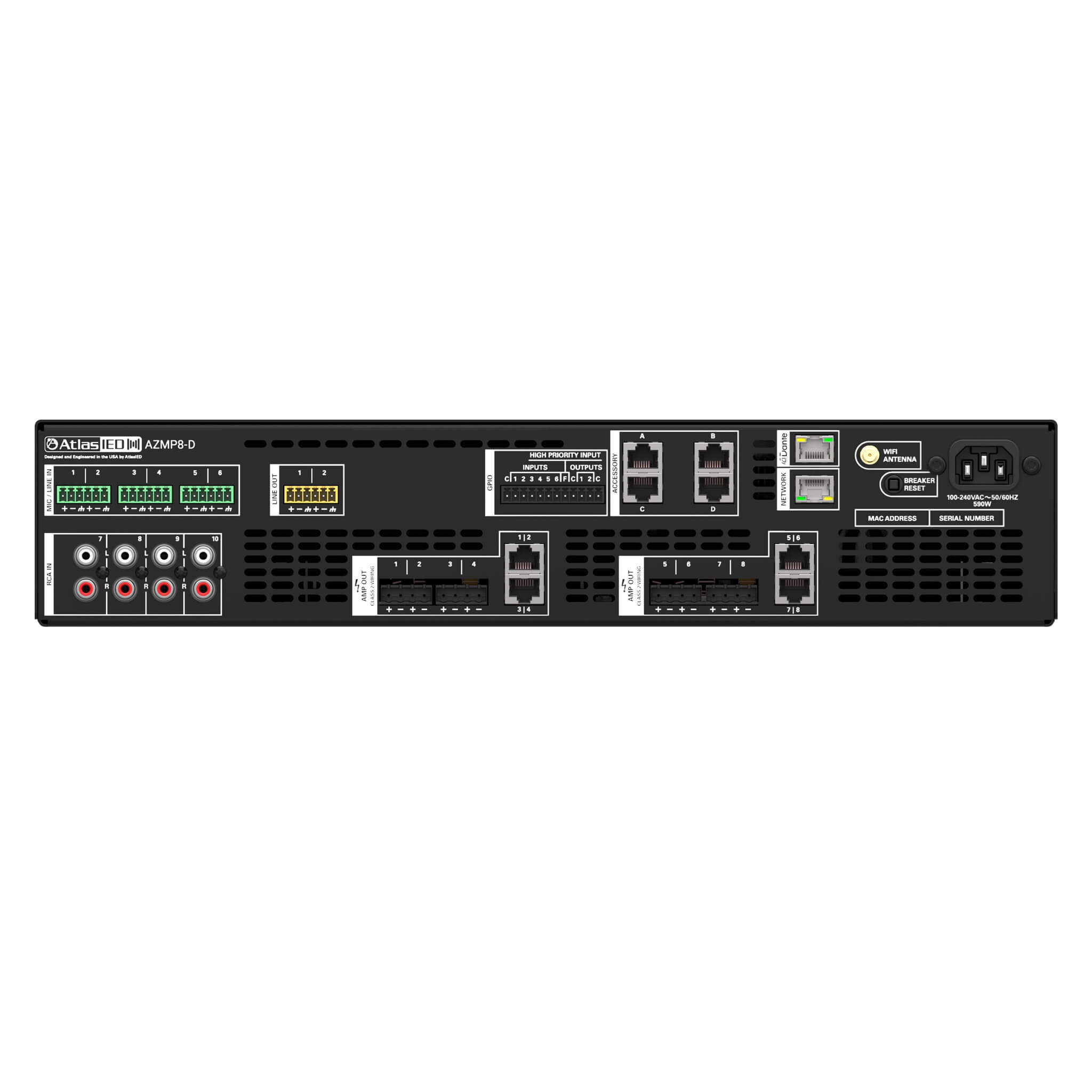 AtlasIED AZMP8-D - Atmosphere 8-Zone Signal Processor with 1200W Amplifier and Dante, rear