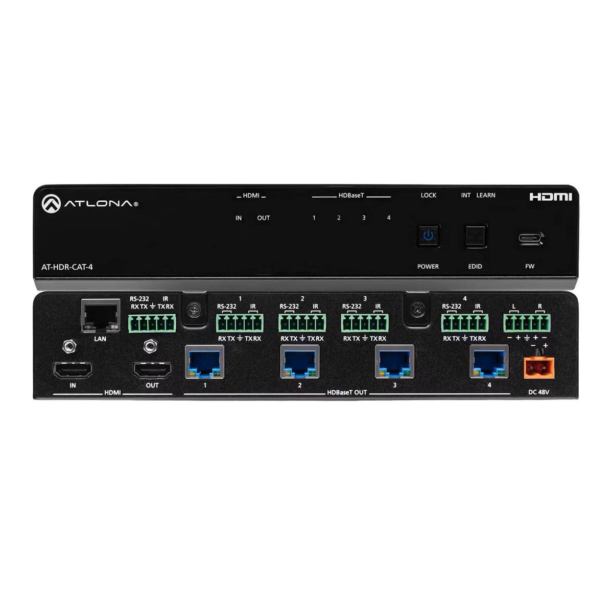 Atlona AT-HDR-CAT-4 - 1x4 4K HDR HDMI to HDBaseT Distribution Amp, combined front and rear views