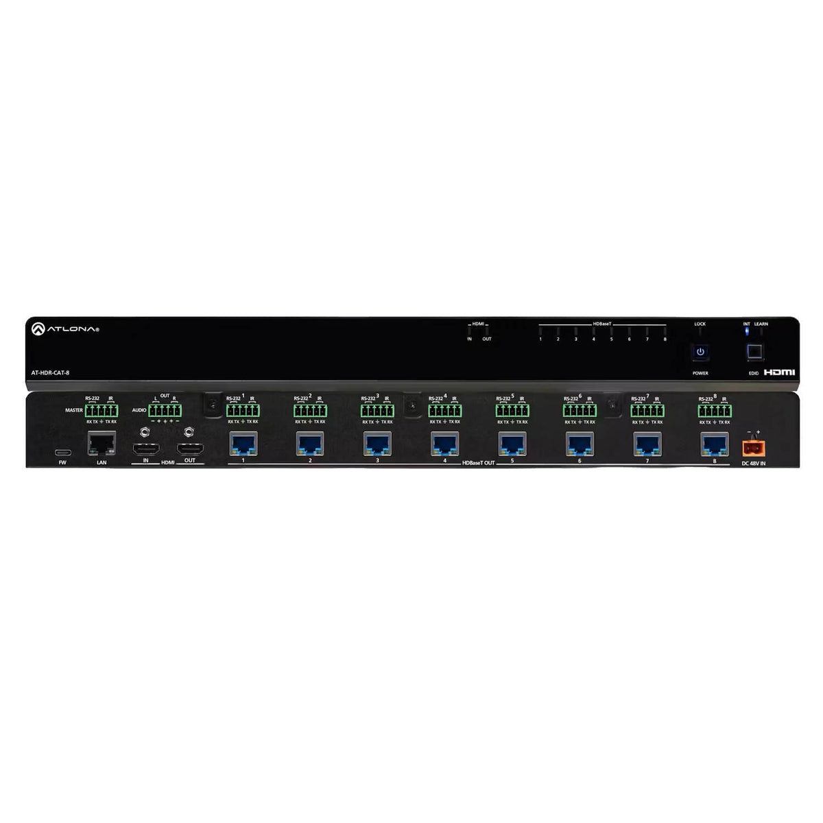 Atlona AT-HDR-CAT-8 - 1x8 4K HDR HDMI to HDBaseT Distribution Amp, combined front and rear views