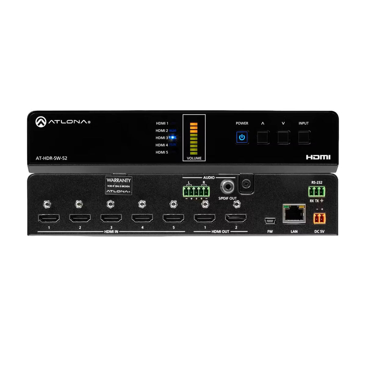 Atlona AT-HDR-SW-52 - 5x2 4K/HDR HDMI Matrix Switcher, combined front and rear views
