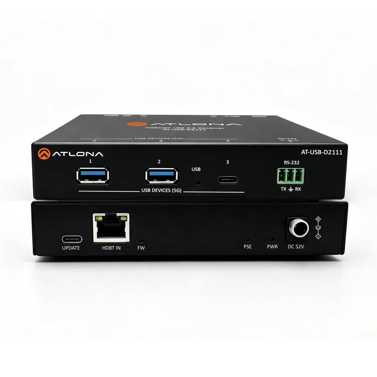 Atlona AT-USB-D2111 - USB 3.2 Extender Receiver, combined front and rear views