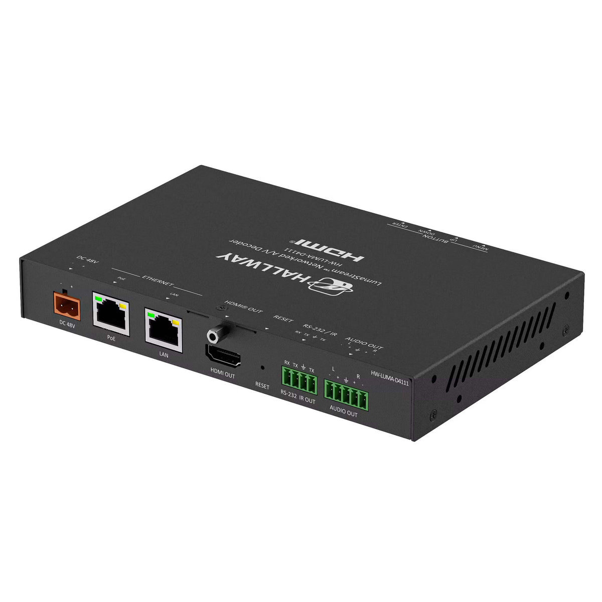 Atlona HW-LUMA-D4111 - H.264 and H.265 Networked AV Decoder, angled rear