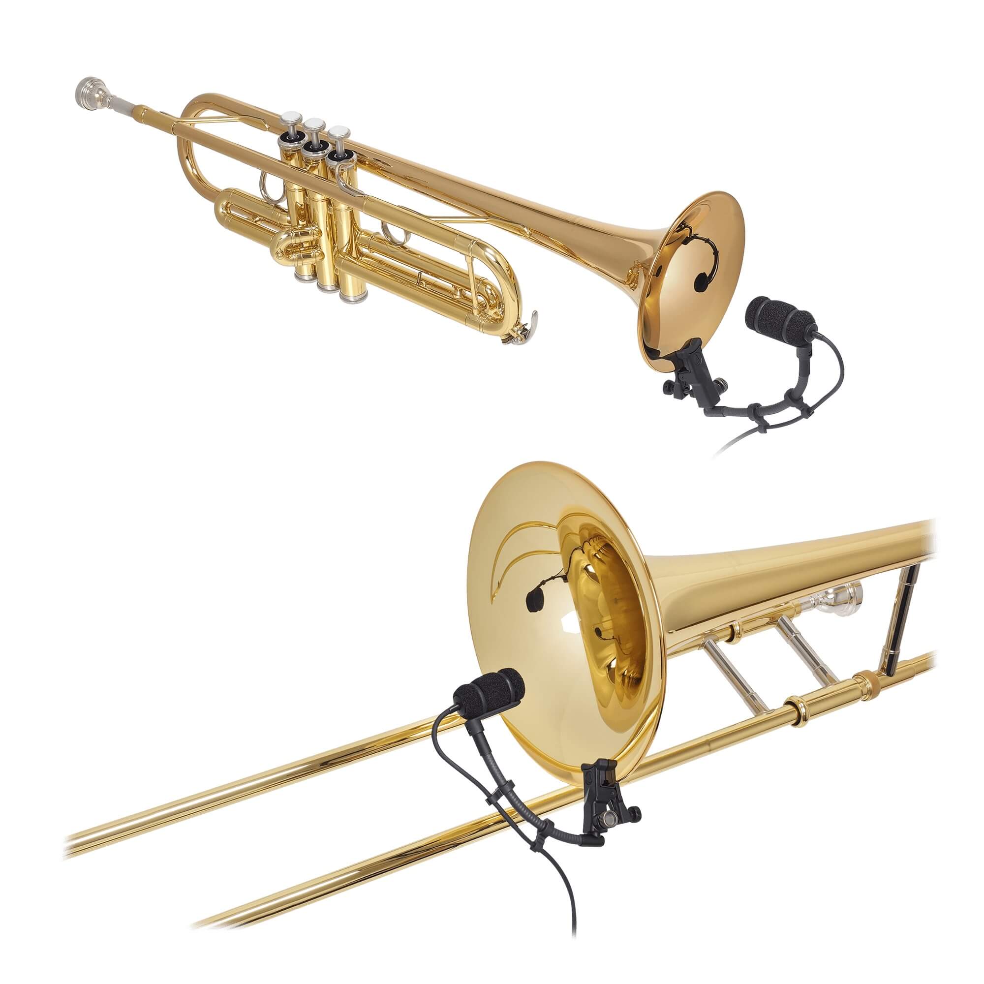 Audio-Technica ATM350U - Cardioid Condenser Instrument Microphone, mounted on a trumpet and trombone