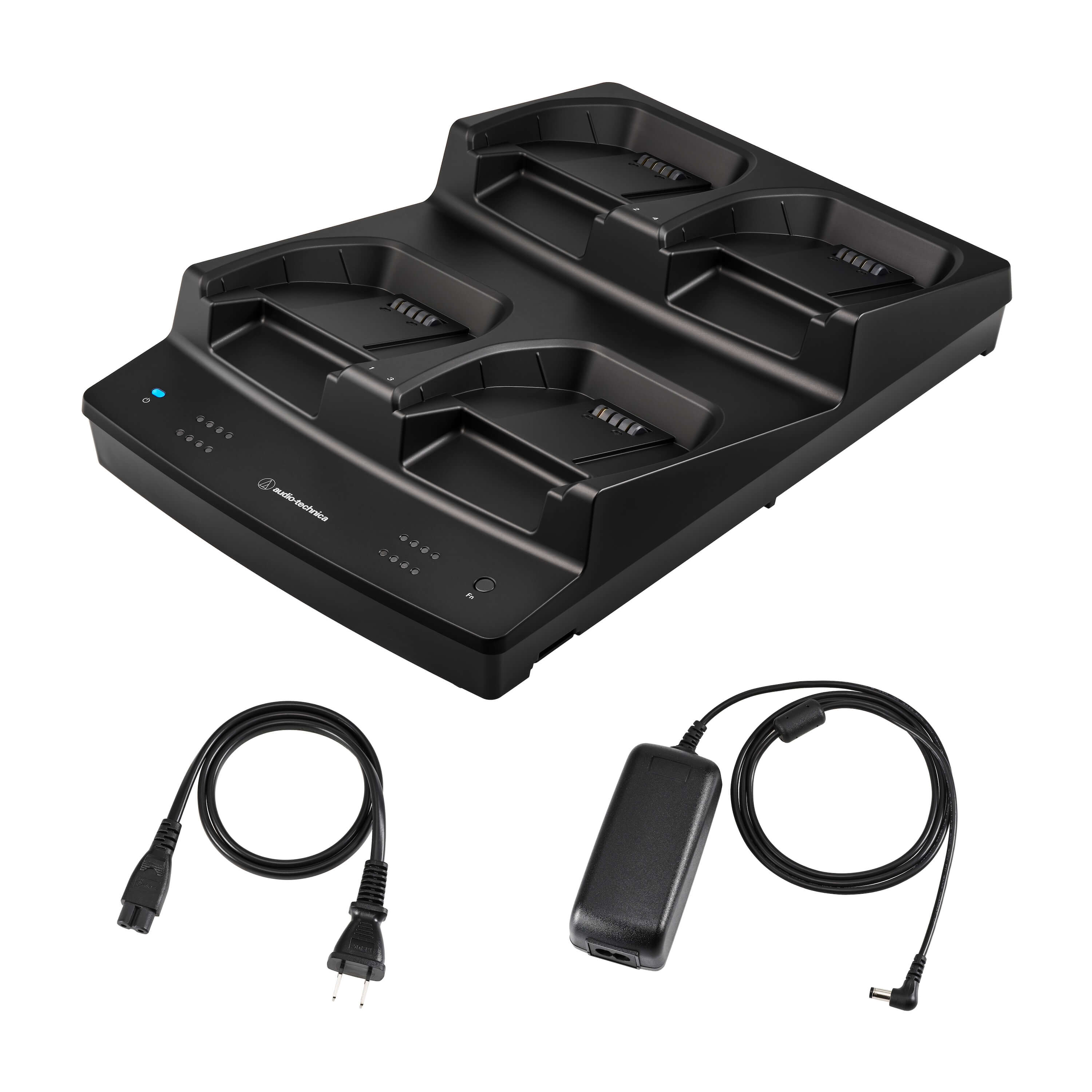 Audio-Technica ATW-CHG7AD - D50 4-Bay Desk Stand Transmitter Station with Power Supply, angled