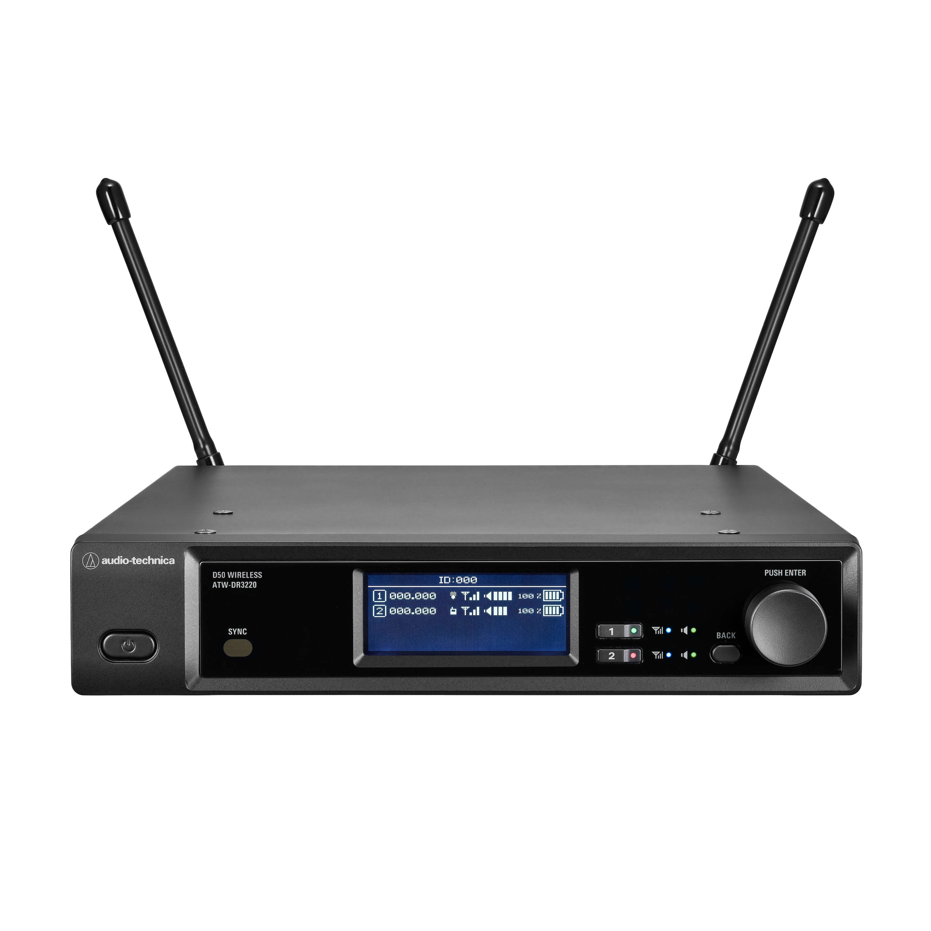 Audio-Technica ATW-DR3220LK - D50 2-Ch LINK-Enabled Receiver, front tilt with antennas