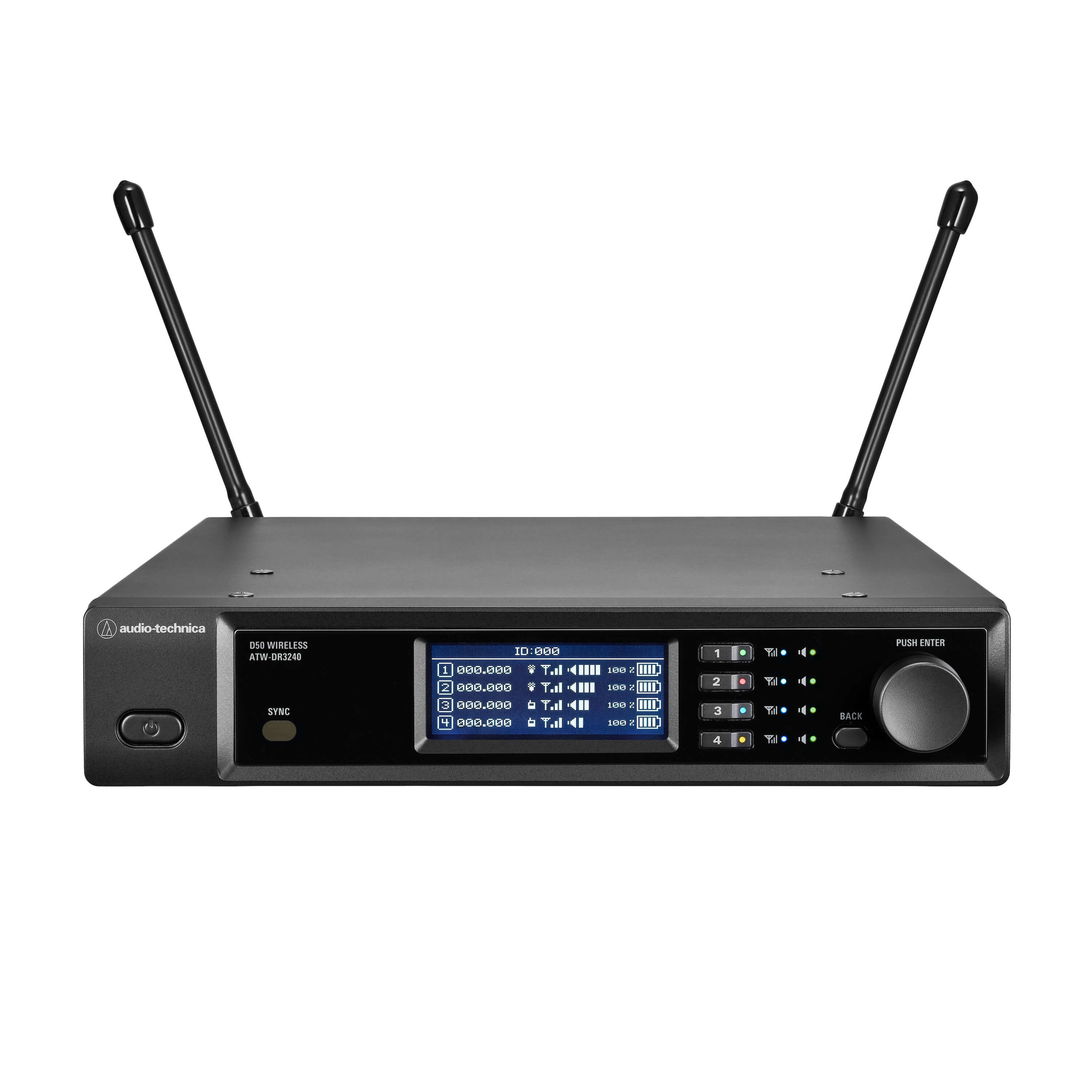 Audio-Technica ATW-DR3240DAN - D50 4-Ch Dante-Enabled Receiver, front with antennas
