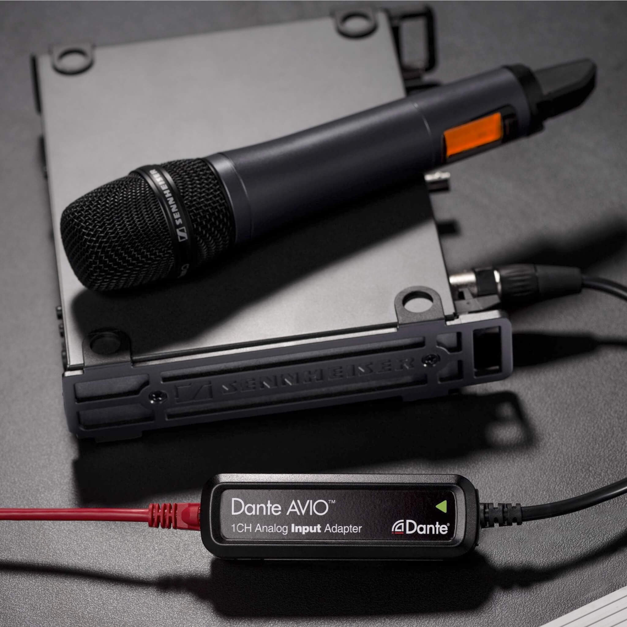 Audinate Dante AVIO 1-Channel Analog Input Adapter, connected to Sennheiser wireless