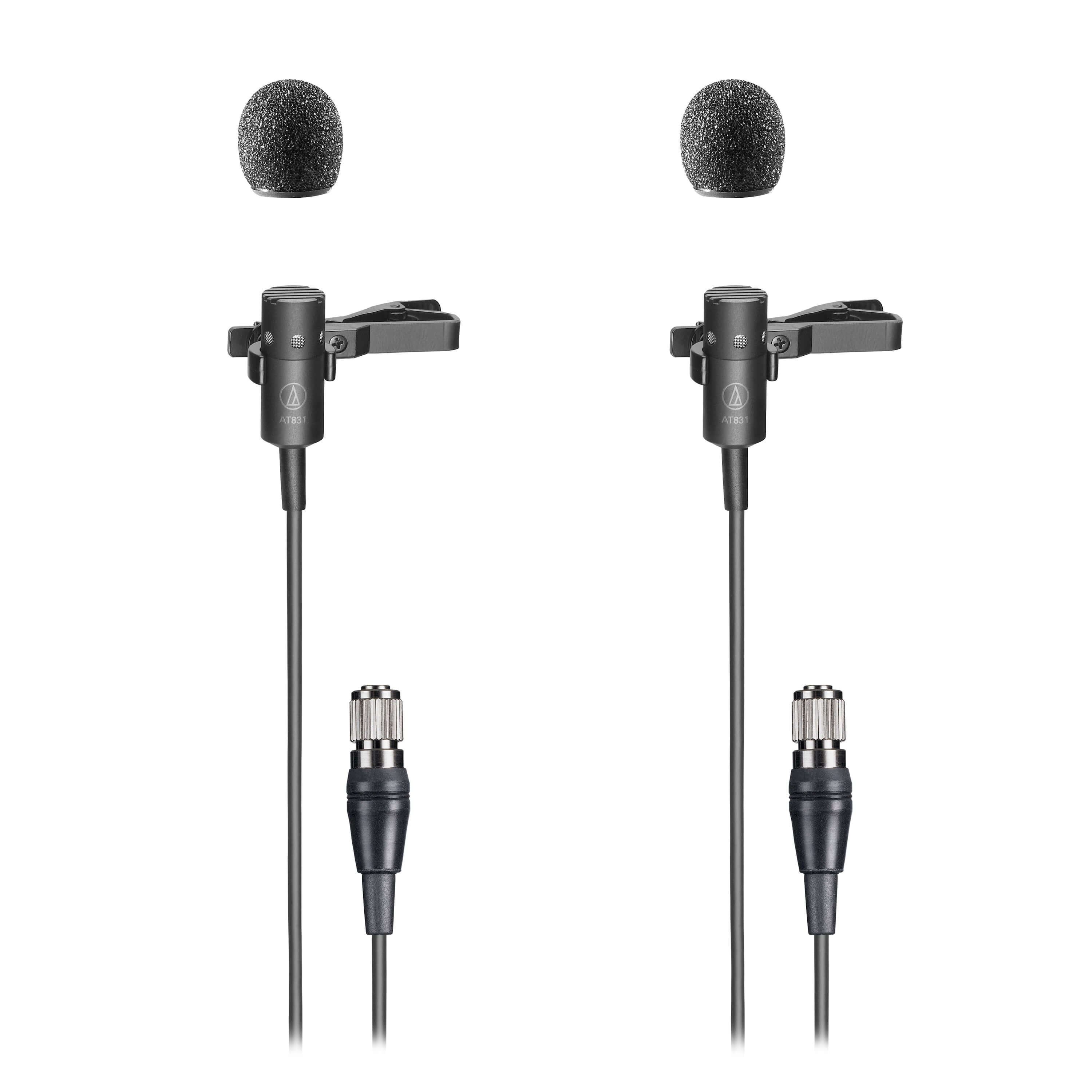 Two Audio-Technica AT831cH wireless clip-on lavalier microphones