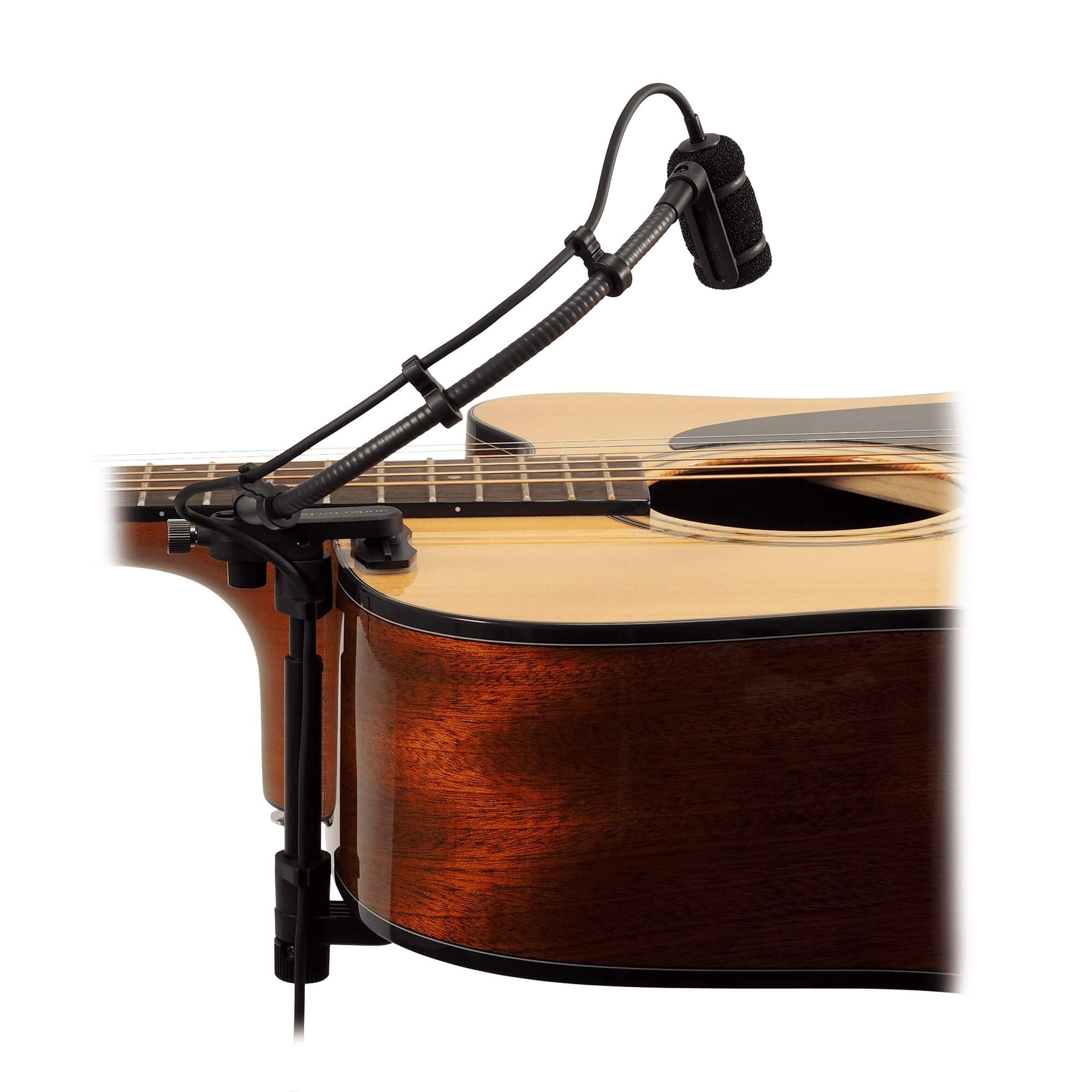 Audio-Technica ATM350GL Cardioid Condenser Instrument Microphone with Guitar Mounting System, mounted on an acoustic guitar