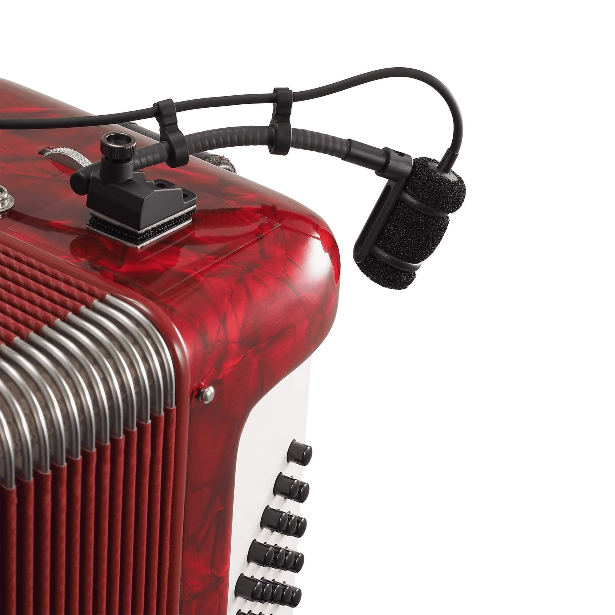 Audio-Technica ATM350S Cardioid Condenser Instrument Microphone with Surface Mounting System, mounted on an accordion
