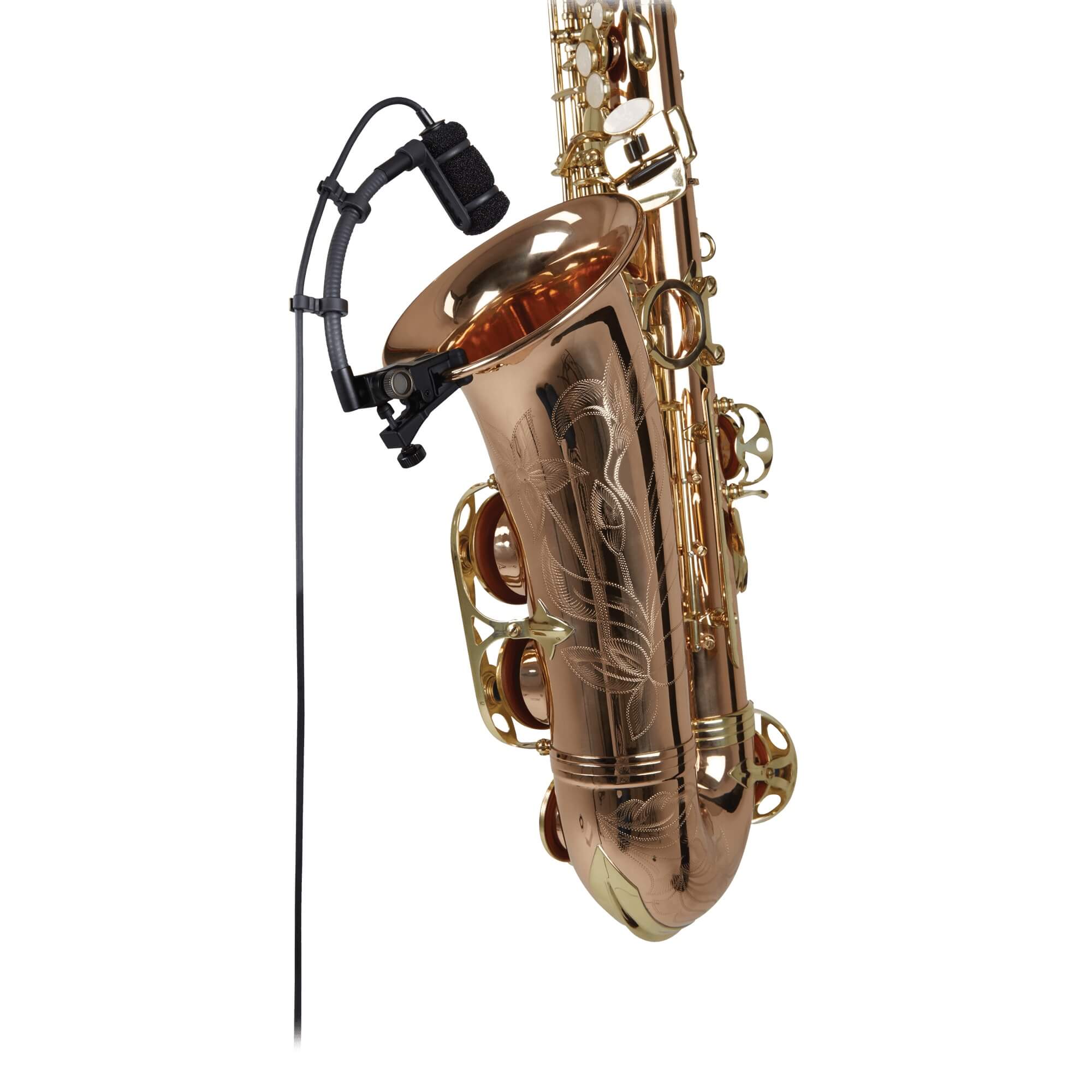 The Audio-Technica ATM350U Cardioid Condenser Instrument Microphone with Universal Clip-on Mounting System, saxophone