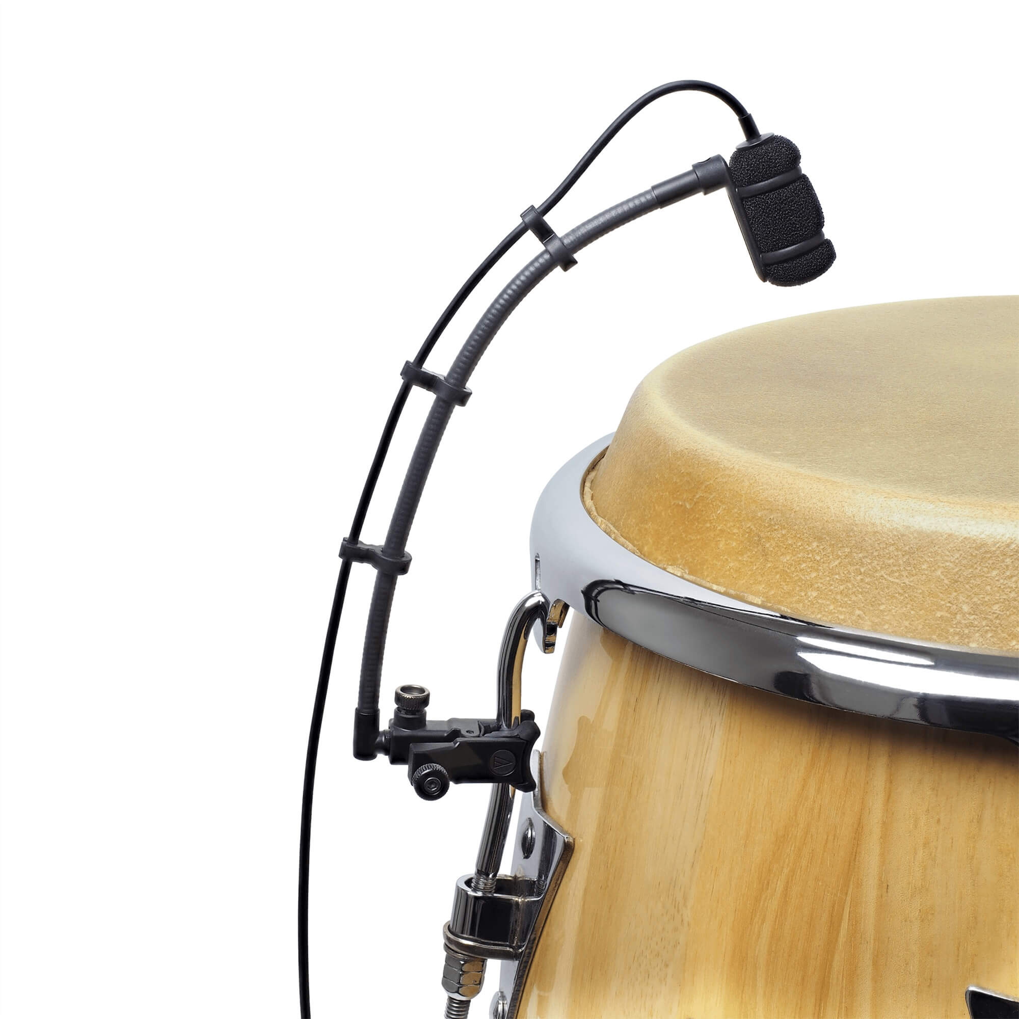 The Audio-Technica ATM350UL Cardioid Condenser Instrument Microphone with Universal Clip-on Mounting System, mounted on a tom drum