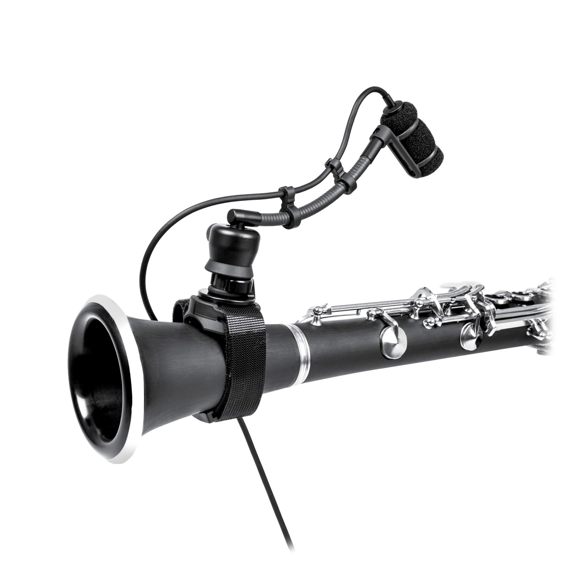 Audio-Technica ATM350W Cardioid Condenser Instrument Microphone with Woodwind Mounting System, mounted on a clarinet