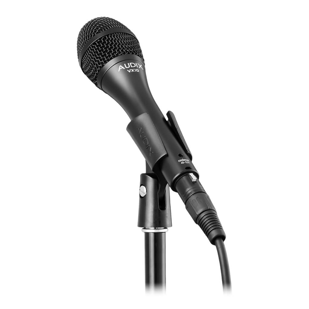Audix VX10 Elite Condenser Vocal Microphone, mounted in the included mic clip