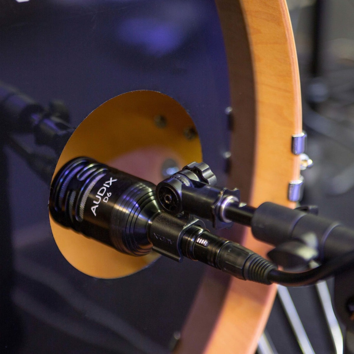 Audix D6 Dynamic Instrument Microphone mounted inside of a kick drum