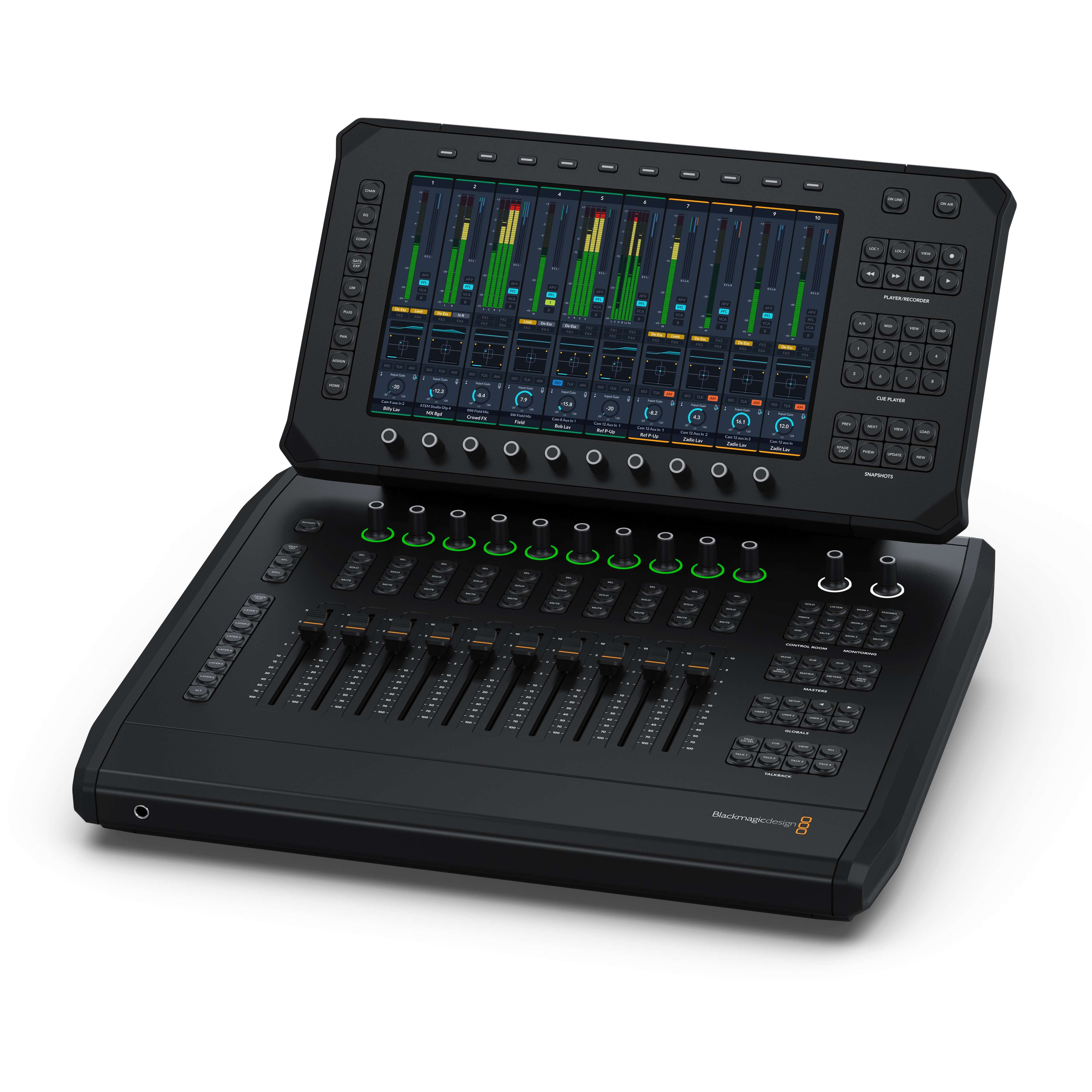 Blackmagic Design Fairlight Live Audio Panel 10 - software based broadcast audio mixer, angled