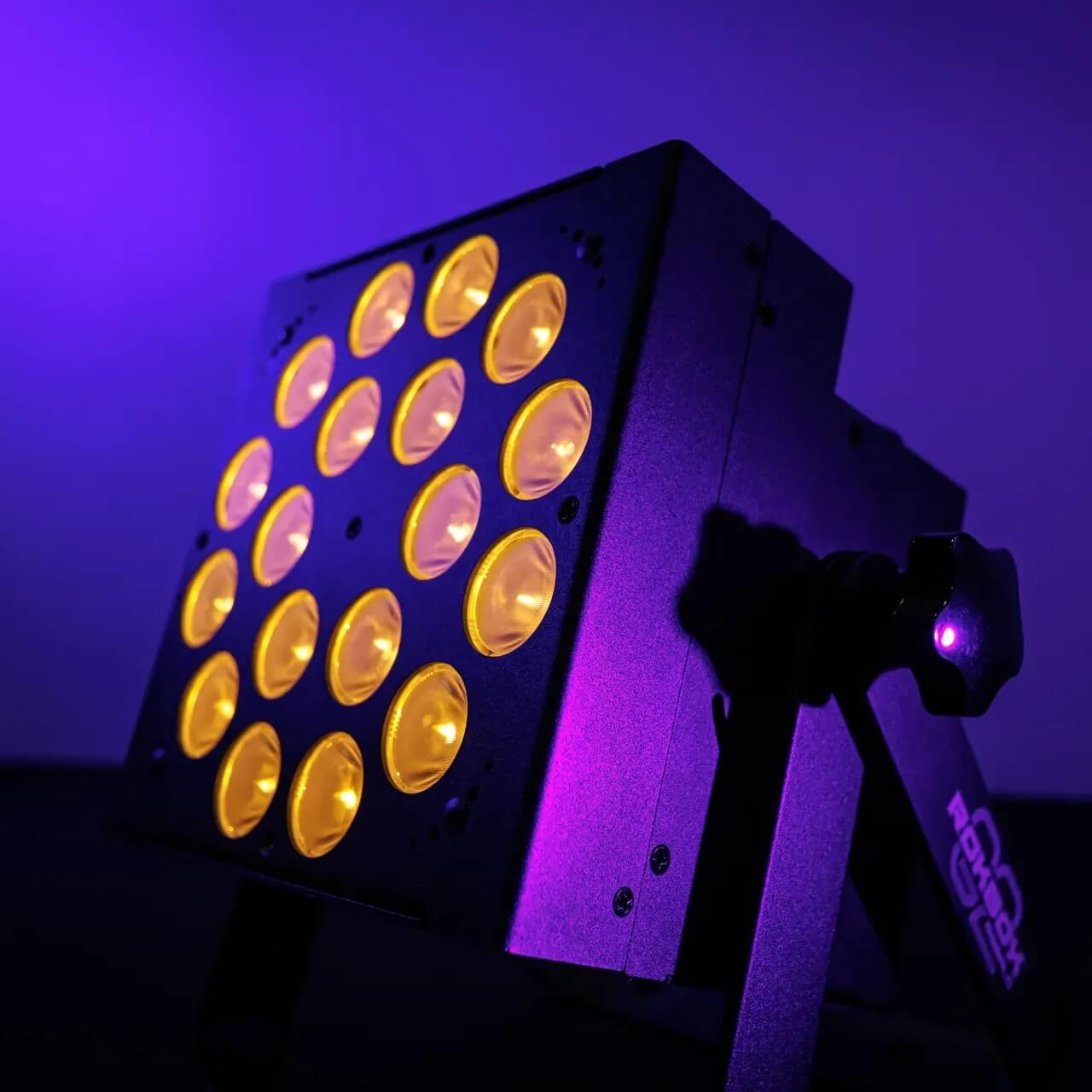 Blizzard Lighting RokBox G2 RGBALC - 18x 15W LED Par Wash Light, yellow lights with purple background