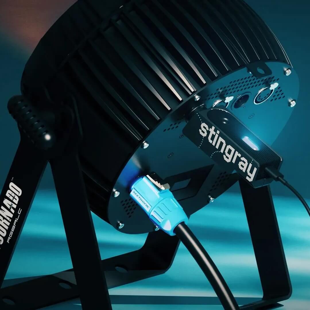 Blizzard Lighting Stingray - RDM DMX Controller via Bluetooth or Wi-Fi, plugged into a lighting fixture