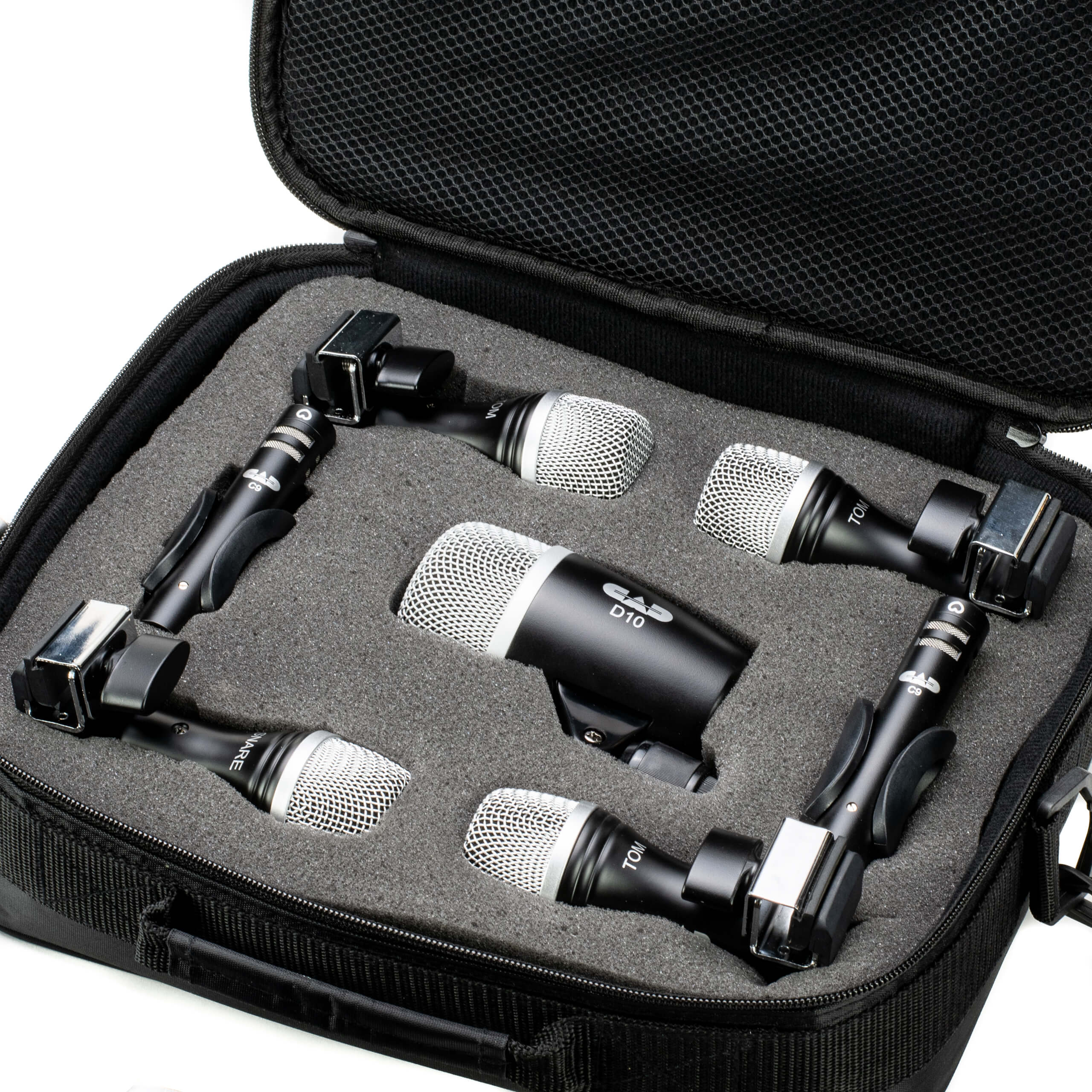 CAD Audio Stage7 - 7-piece Drum Microphone Pack, closeup of mics inside the case