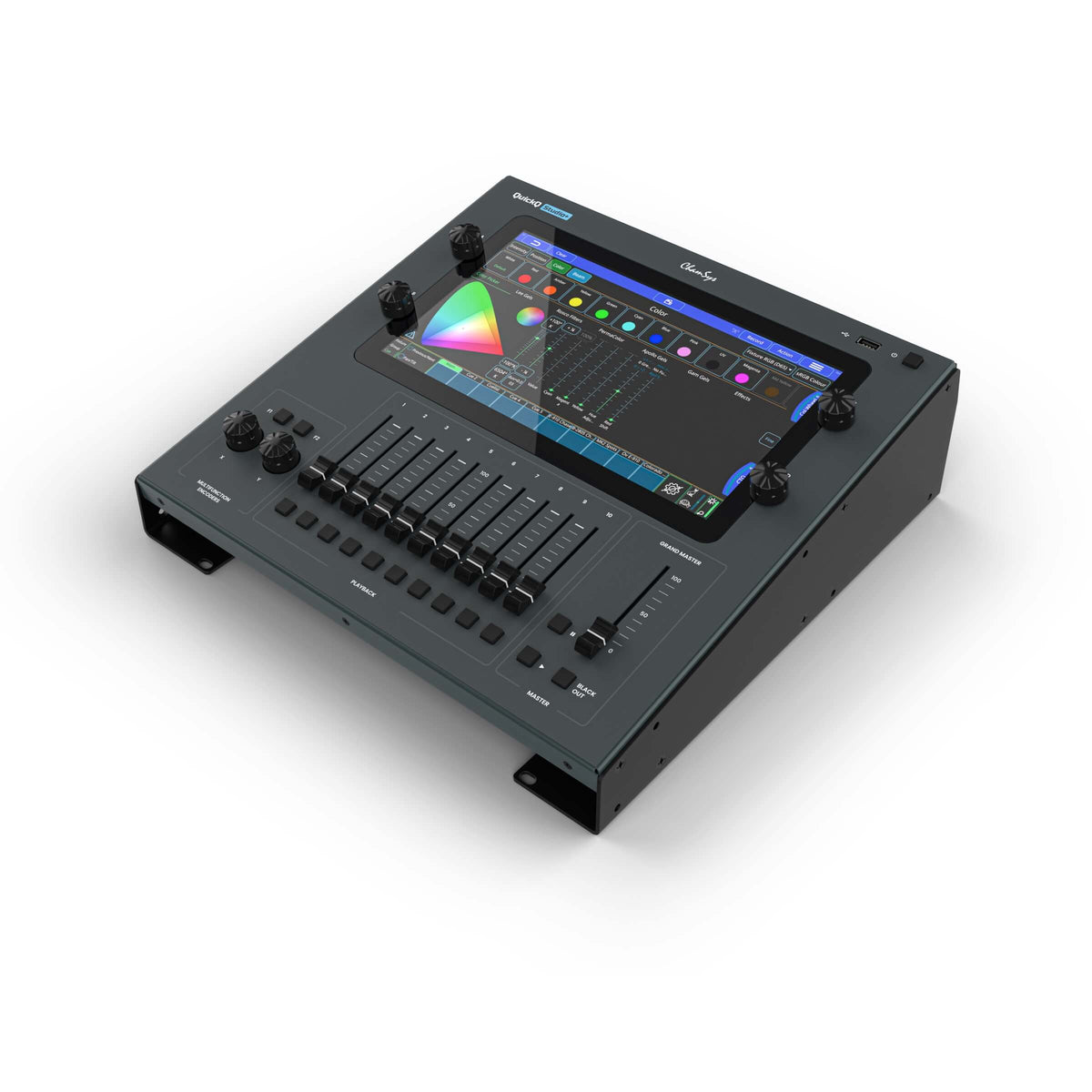 ChamSys Studio+ Lighting Control Console with desktop stand, angled left
