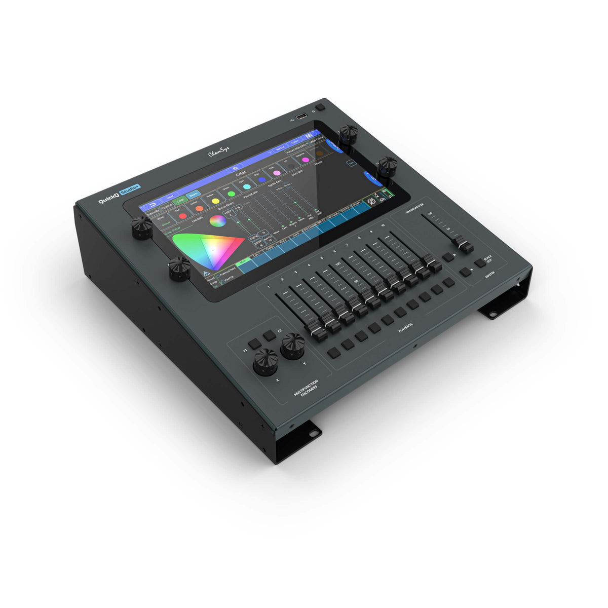 ChamSys Studio+ Lighting Control Console with desktop stand, angled right
