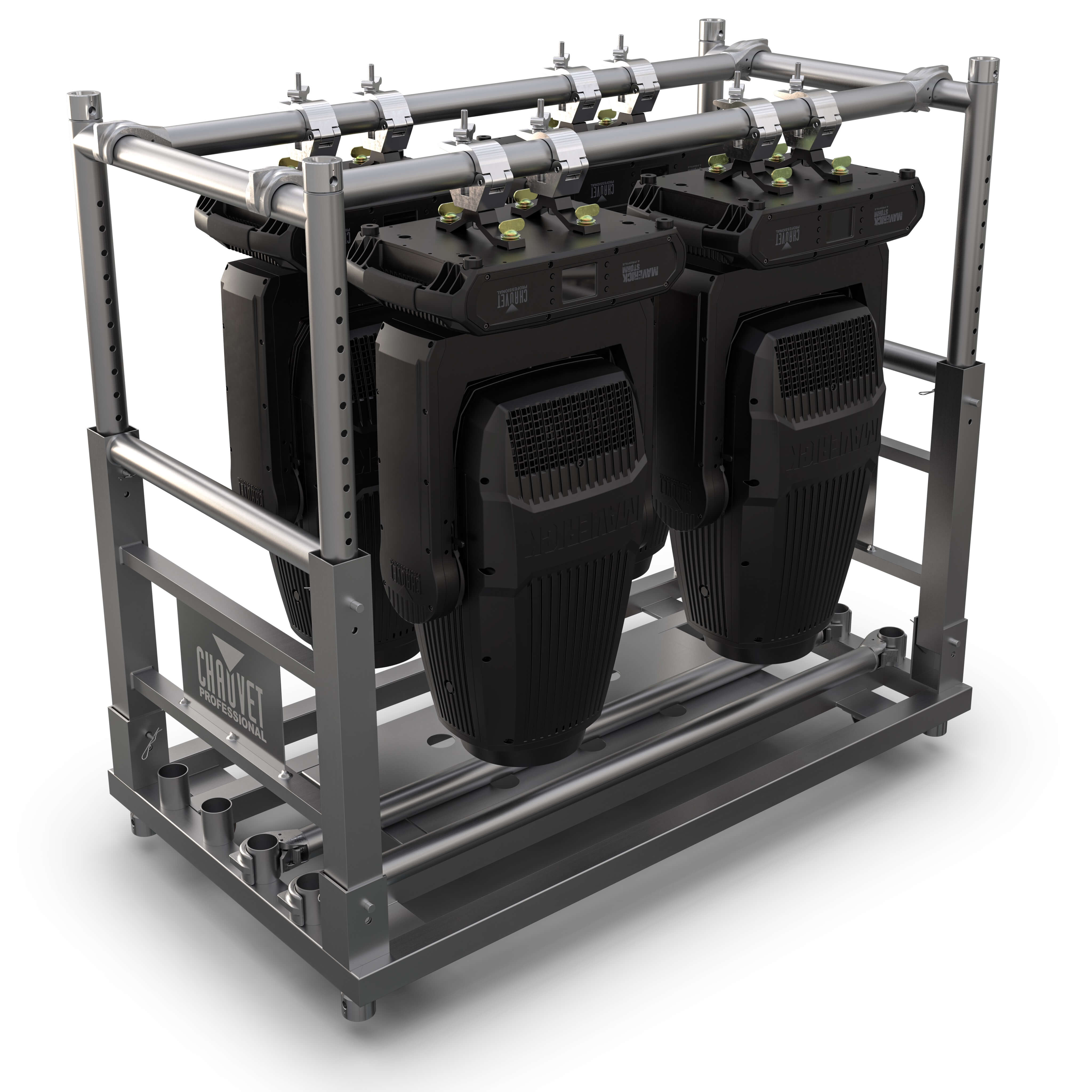 Chauvet Professional CP Rack - Transport Cart for Lighting Fixtures, shown with 4 Storm 4 Profiles
