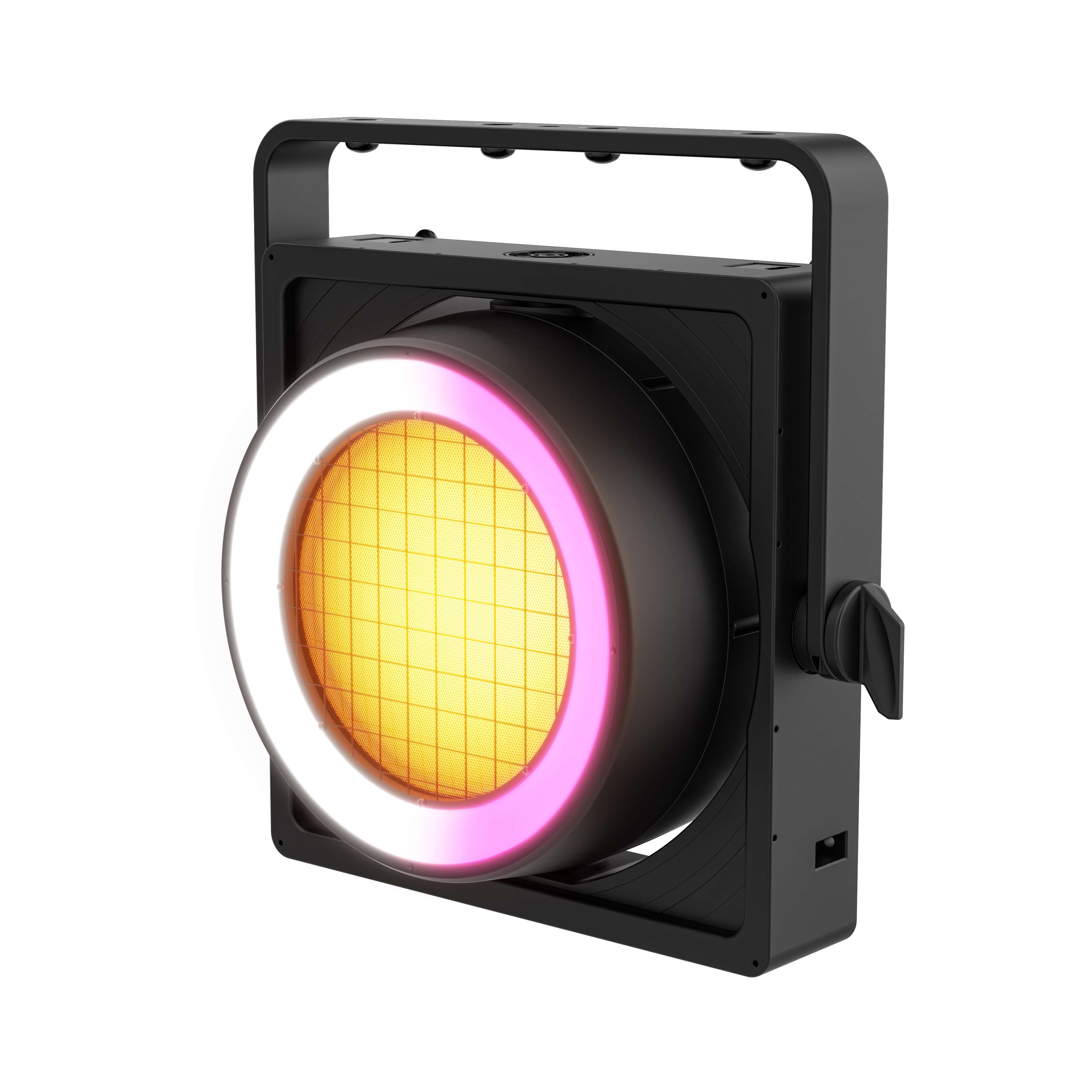Chauvet Professional STRIKE Array Ultra - RGBA-WW LED Blinder, left facing with amber center and magenta/white outer FX ring