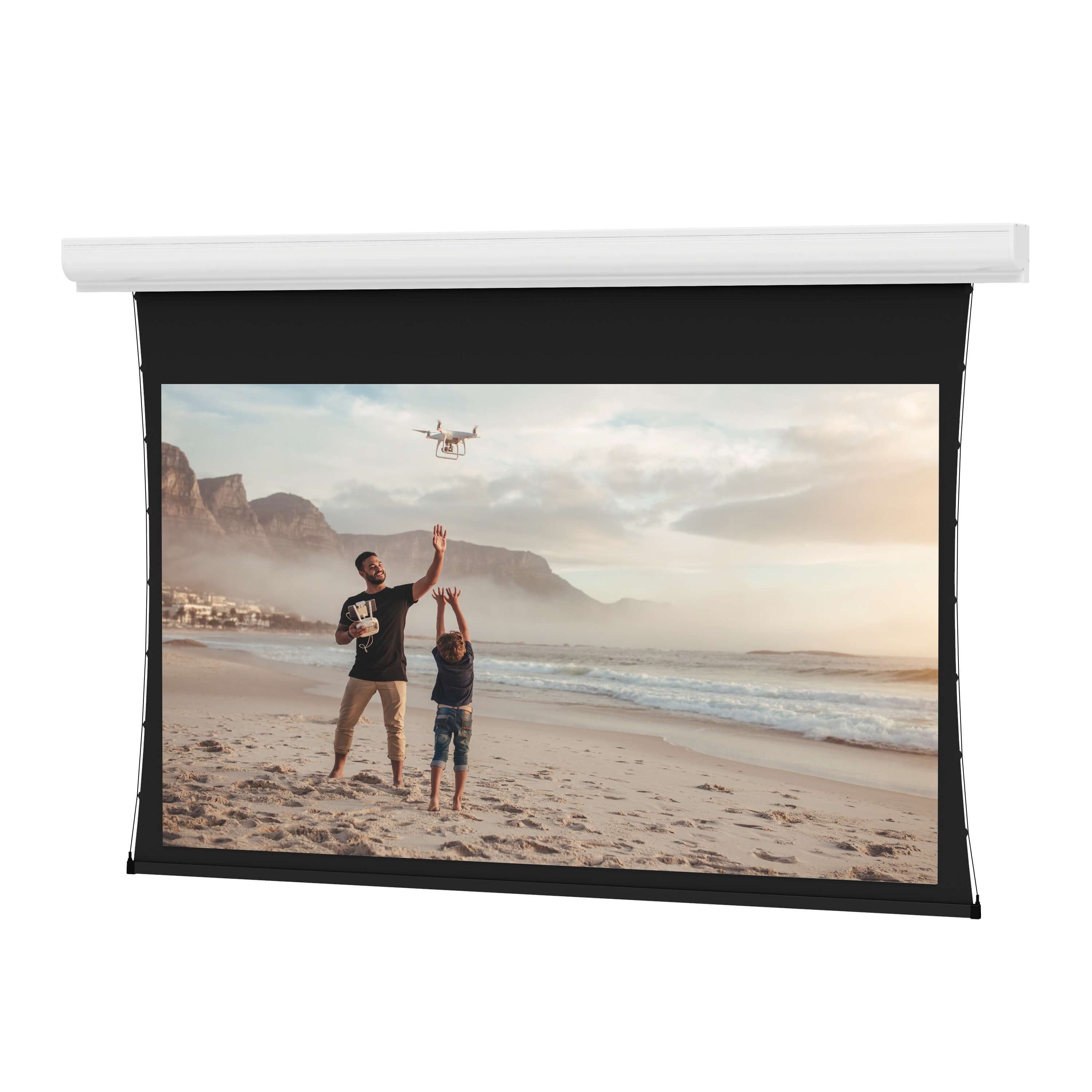 Da-Lite Tensioned Contour Electrol - Wall or Ceiling Mounted Electric Screen, shown with projected image