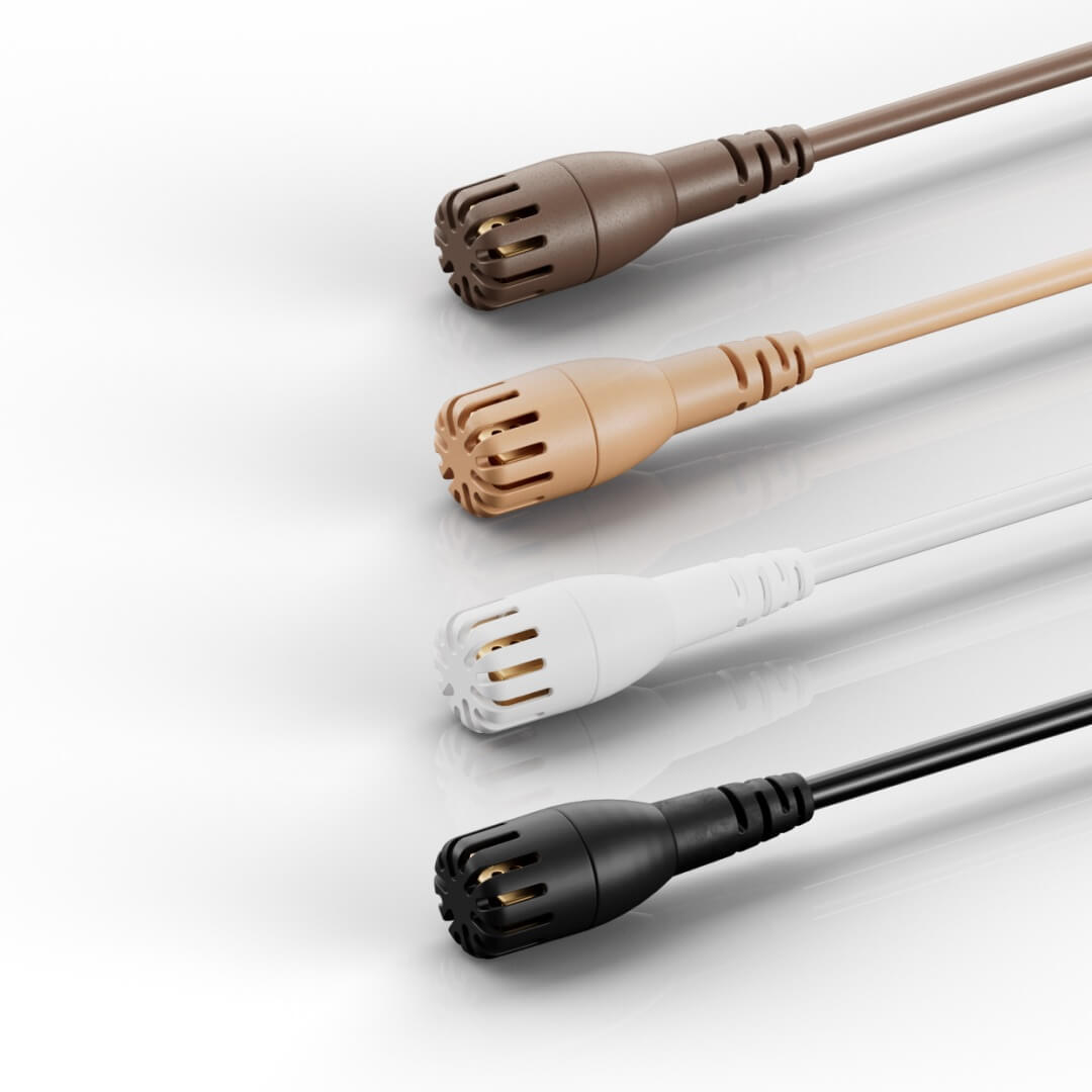 DPA 2061 Omnidirectional Miniature Lavalier Microphones in brown, beige, white, and black.