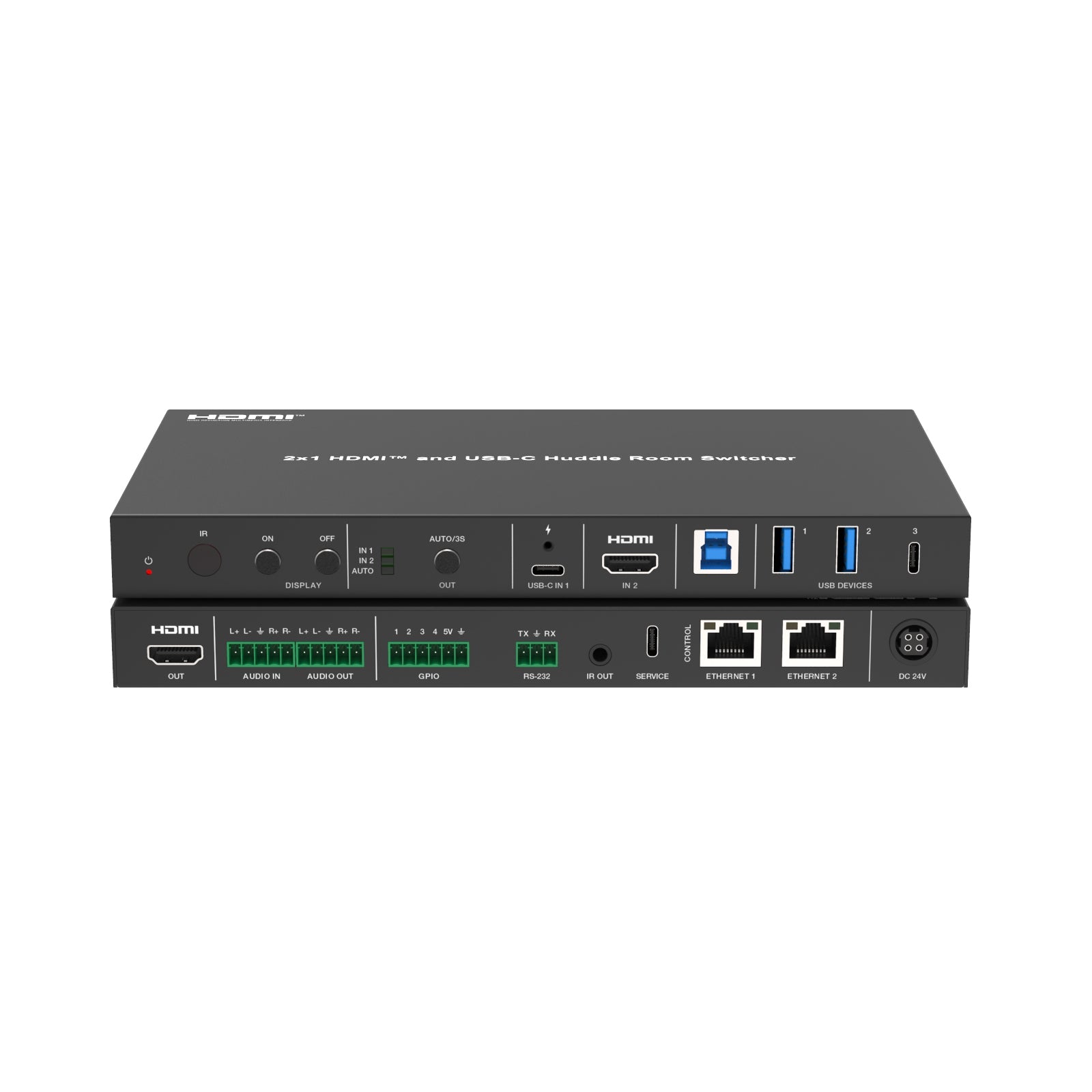 DVDO USBC-HDMI-PS-21-XL - 4K 2x1 HDMI and USB-C Presentation Switcher, combined front and rear tilted views
