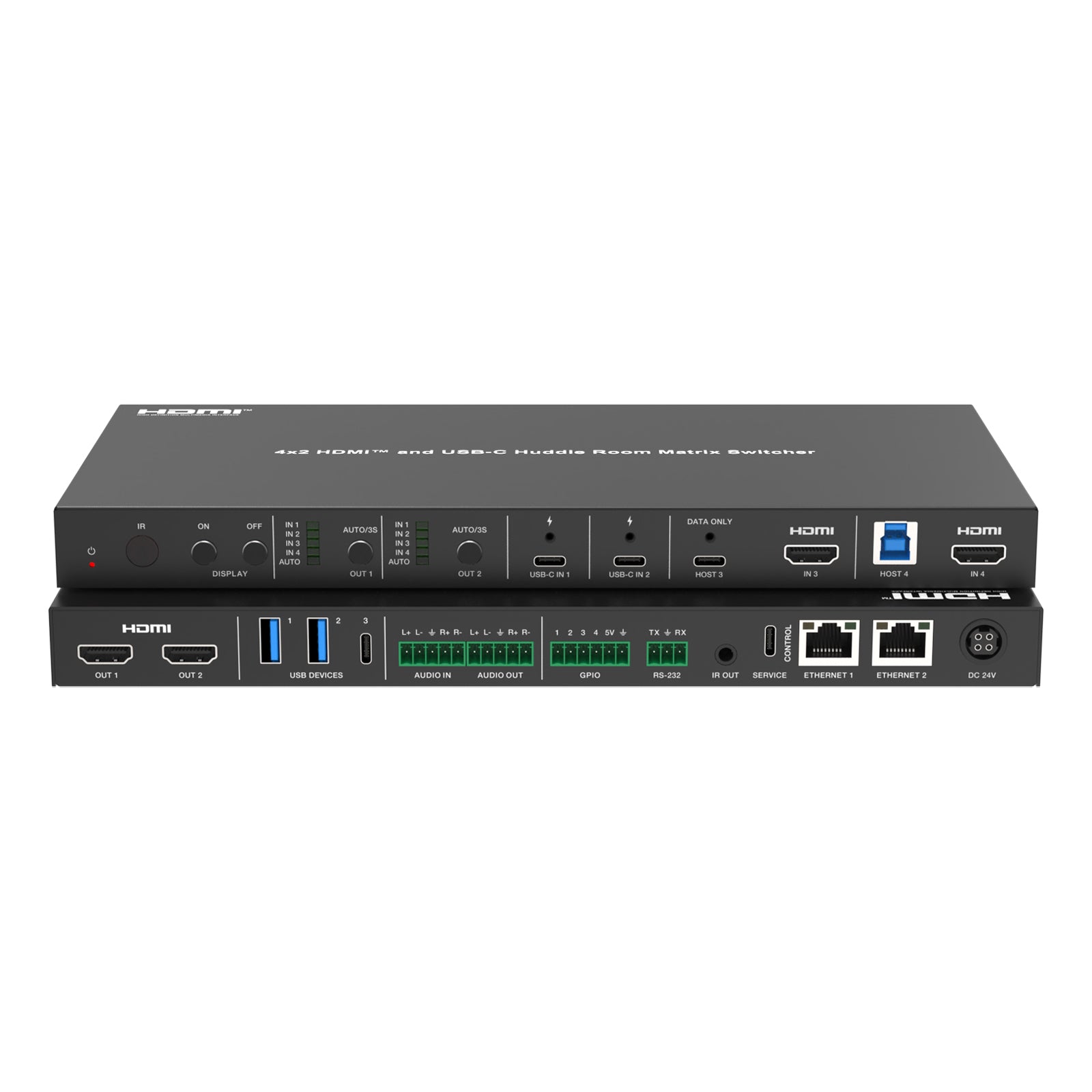 DVDO USBC-HDMI-PS-42-XL - 4K 4x2 HDMI and USB-C Presentation Switcher, tilted front and rear views